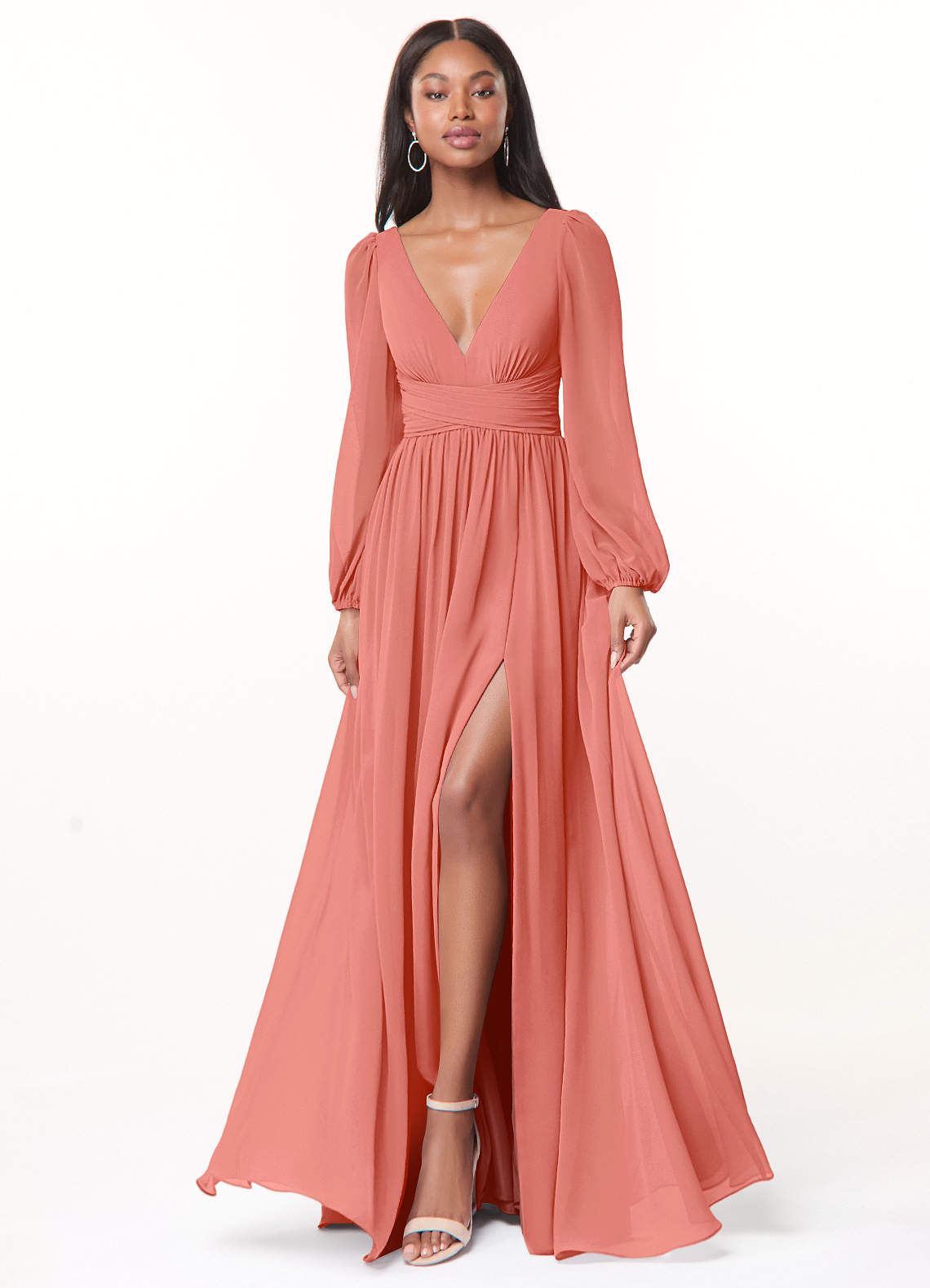 Norah A-Line V-Neck Chiffon Bridesmaid Dress in Salmon Pink
