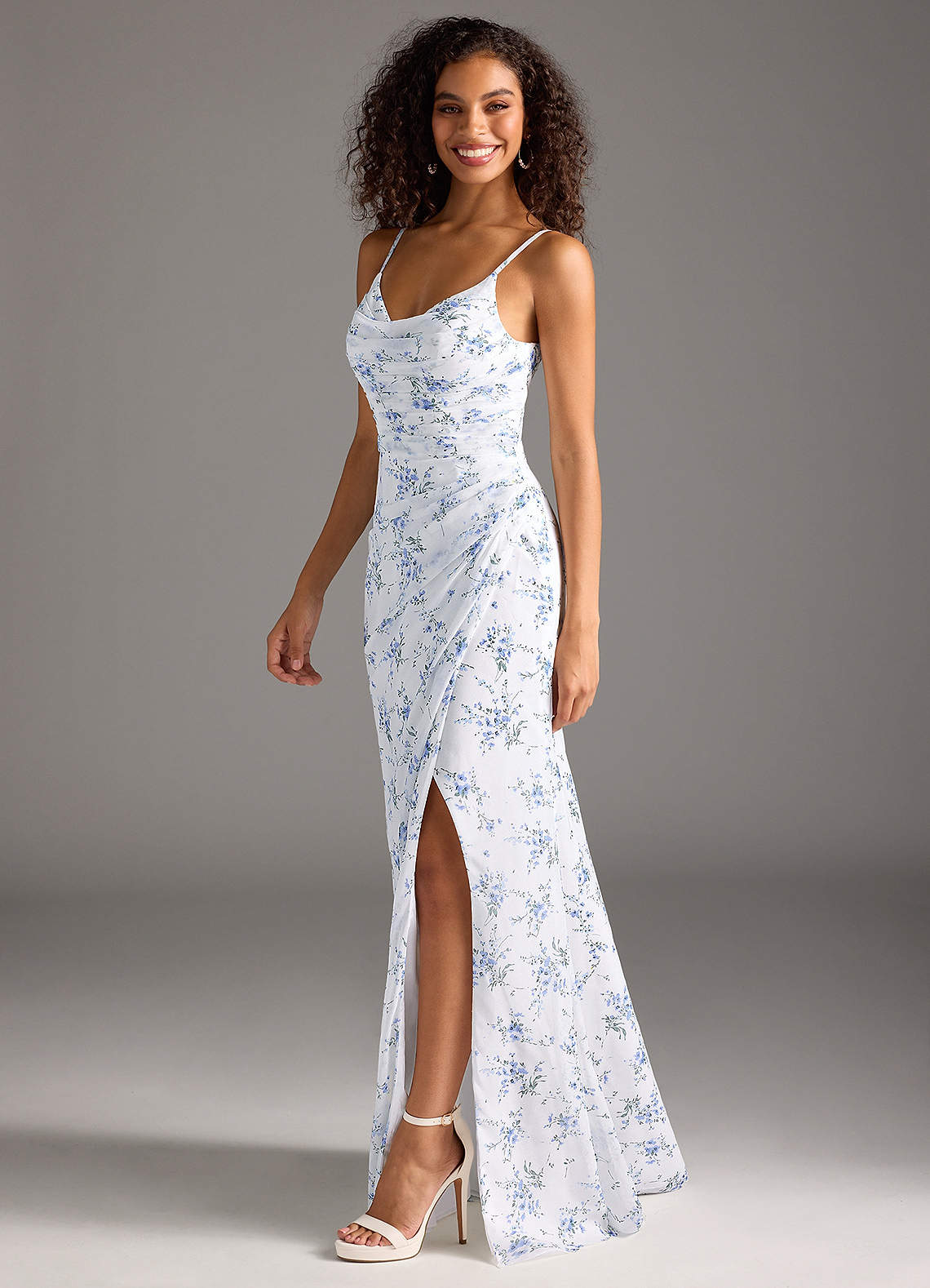 Deandra Mermaid Cowl-Neck Chiffon Bridesmaid Dress in Blue Cottage Floral