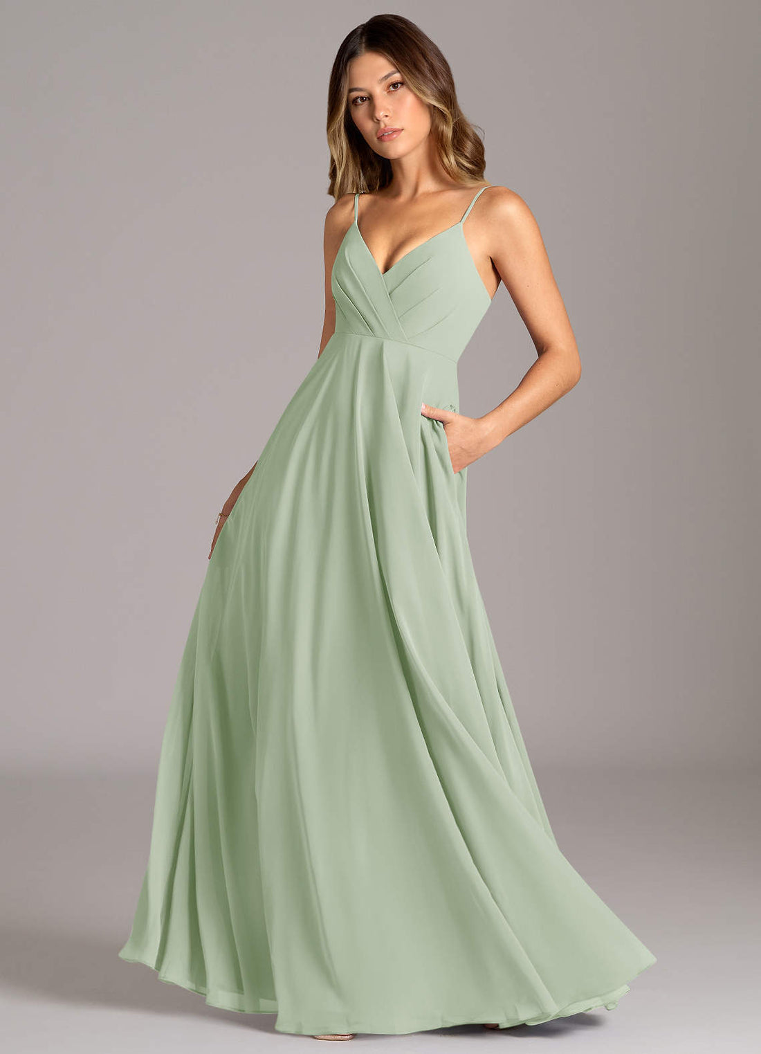 Amani A-Line V-Neck Chiffon Bridesmaid Dress in Dusty Sage