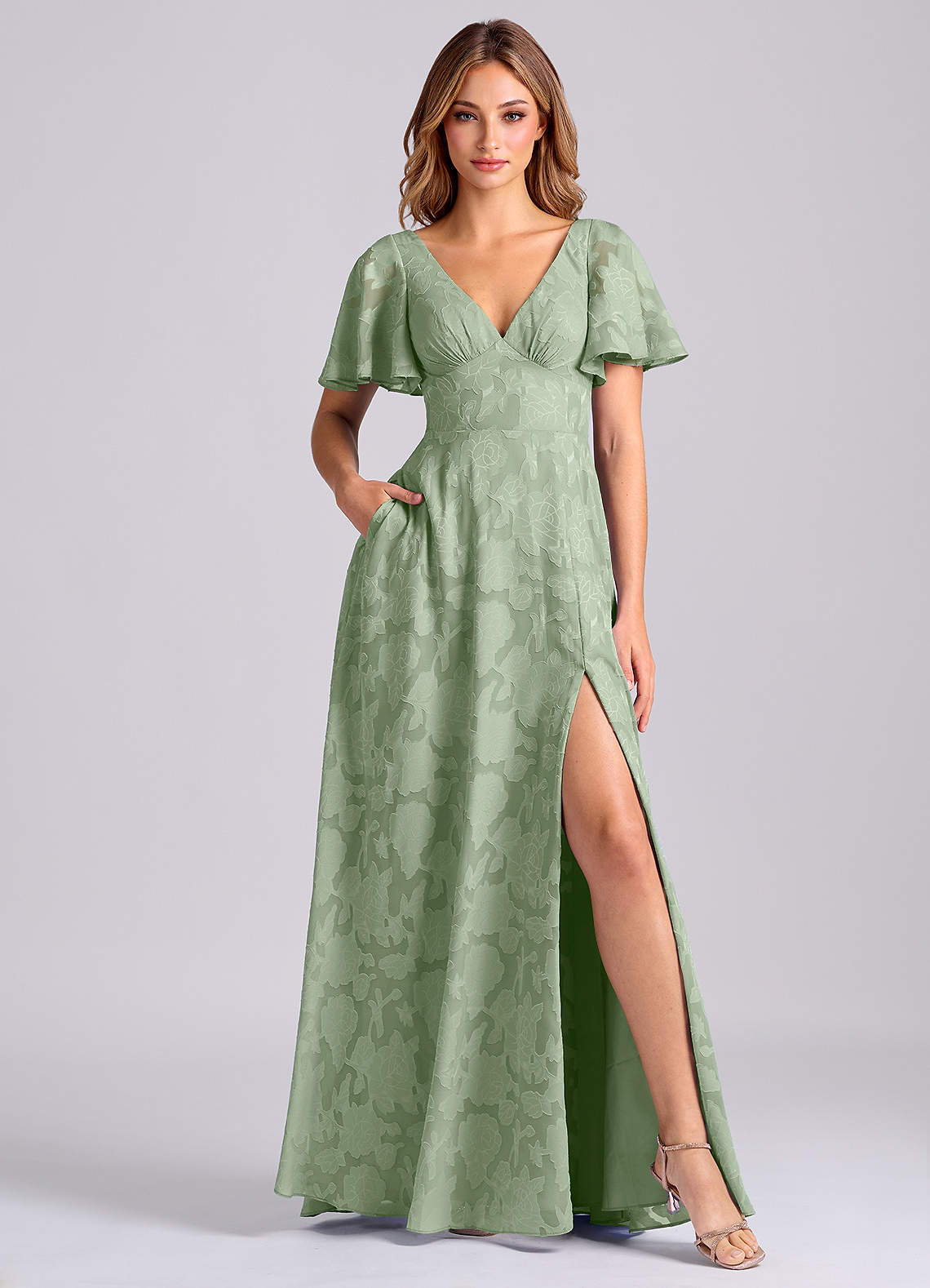Kimber A-Line V-Neck Floral Burnout Bridesmaid Dress in Dusty Sage