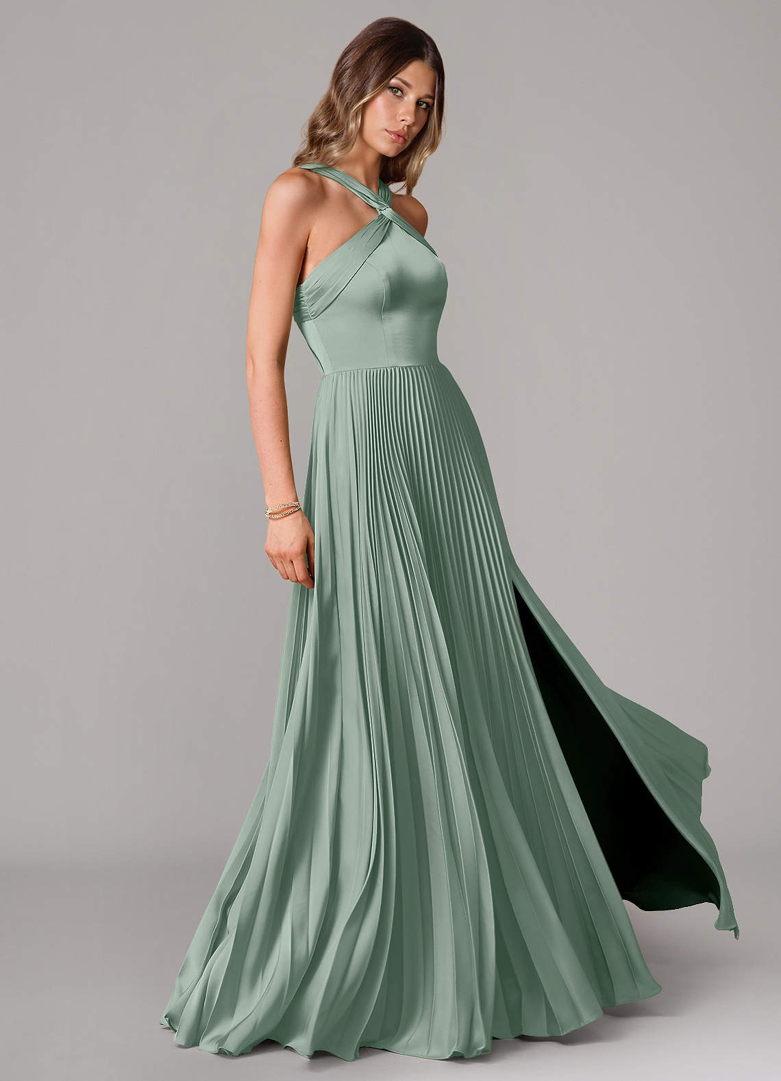 Afra A-Line Halter-Neck Stretch Satin Bridesmaid Dress in Agave