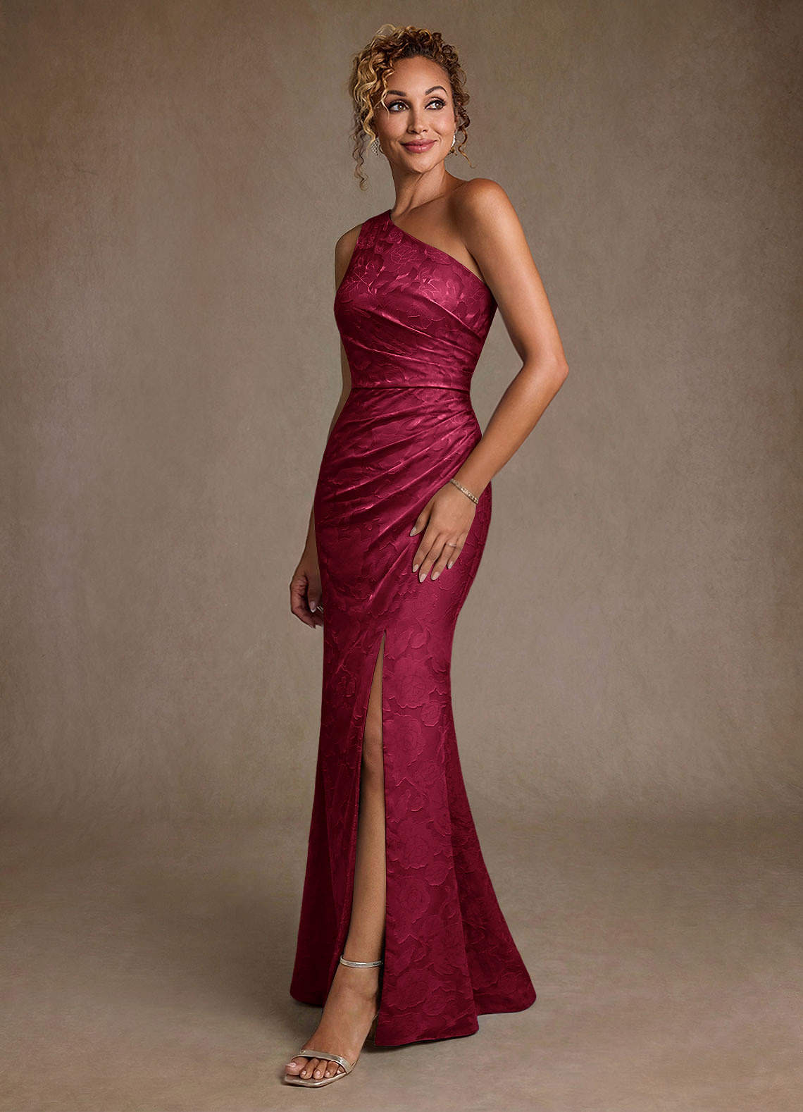 Joylin Trumpet One-Shoulder Floral Burnout Mother of the Bride Dress in Burgundy