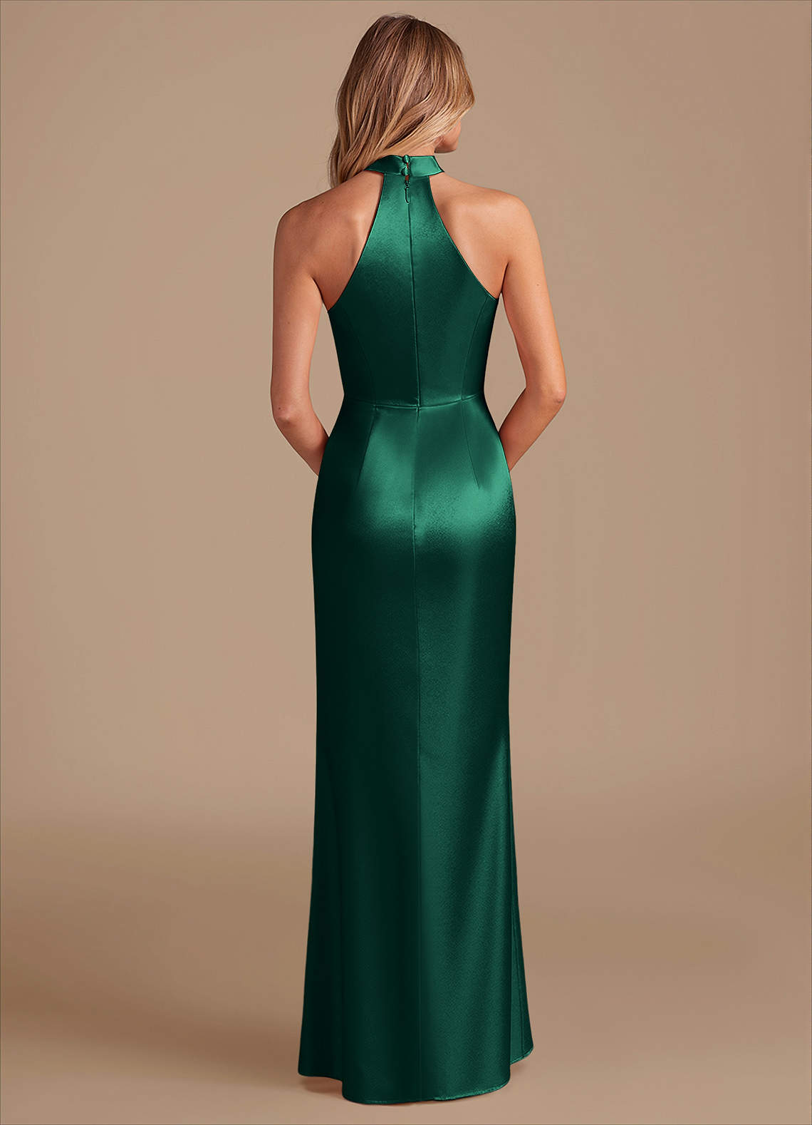 Karlotta Sheath Halter-Neck Metallic Satin Bridesmaid Dress in Emerald