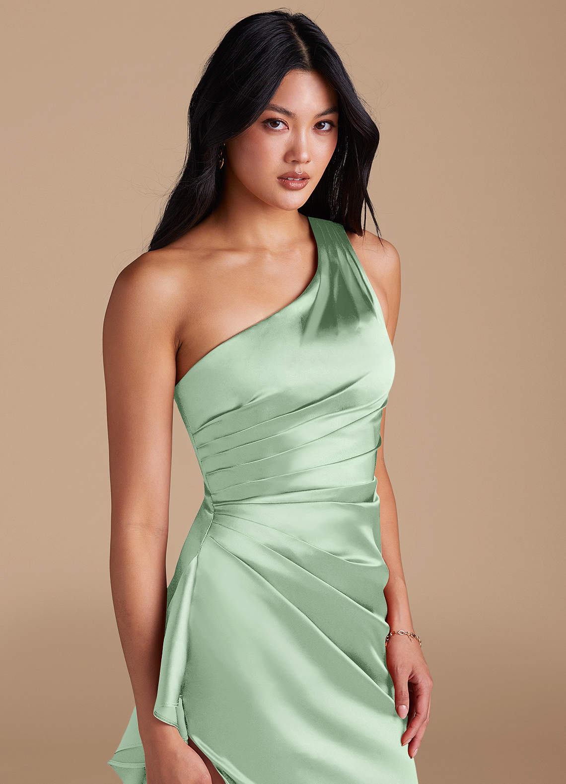 Latrice Sheath One-Shoulder Metallic Satin Bridesmaid Dress in Matcha