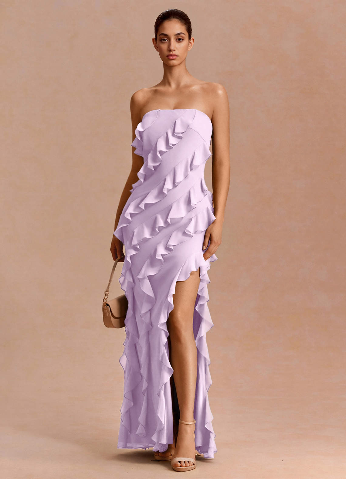 Eira A-Line Ruffle Chiffon Evening Dress in Truffle