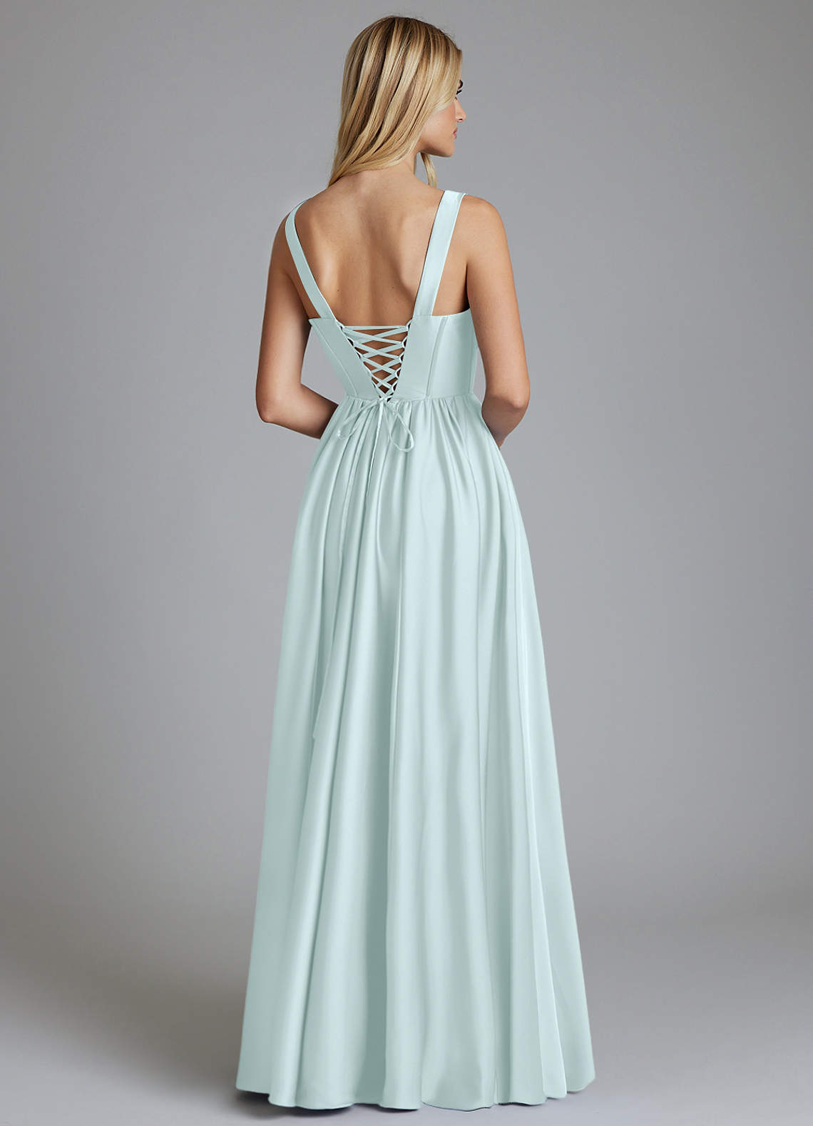 Delmie A-Line V-Neck Stretch Satin Bridesmaid Dress in Sea Glass