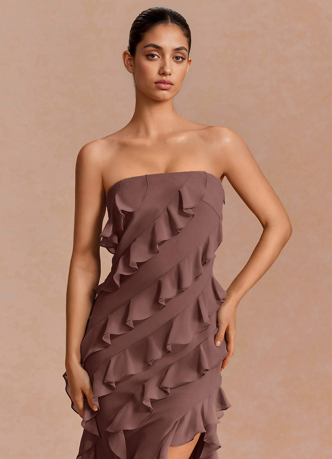Eira A-Line Ruffle Chiffon Evening Dress in Mocha Coco