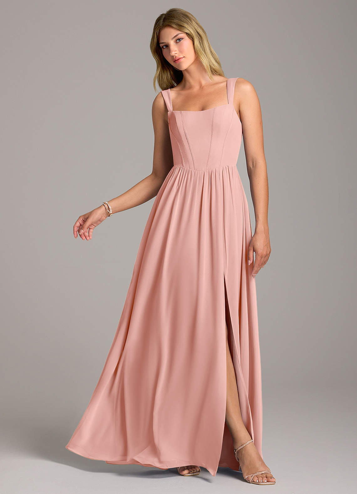 Rosaline A-Line Square-Neck Chiffon Bridesmaid Dress in Rosette