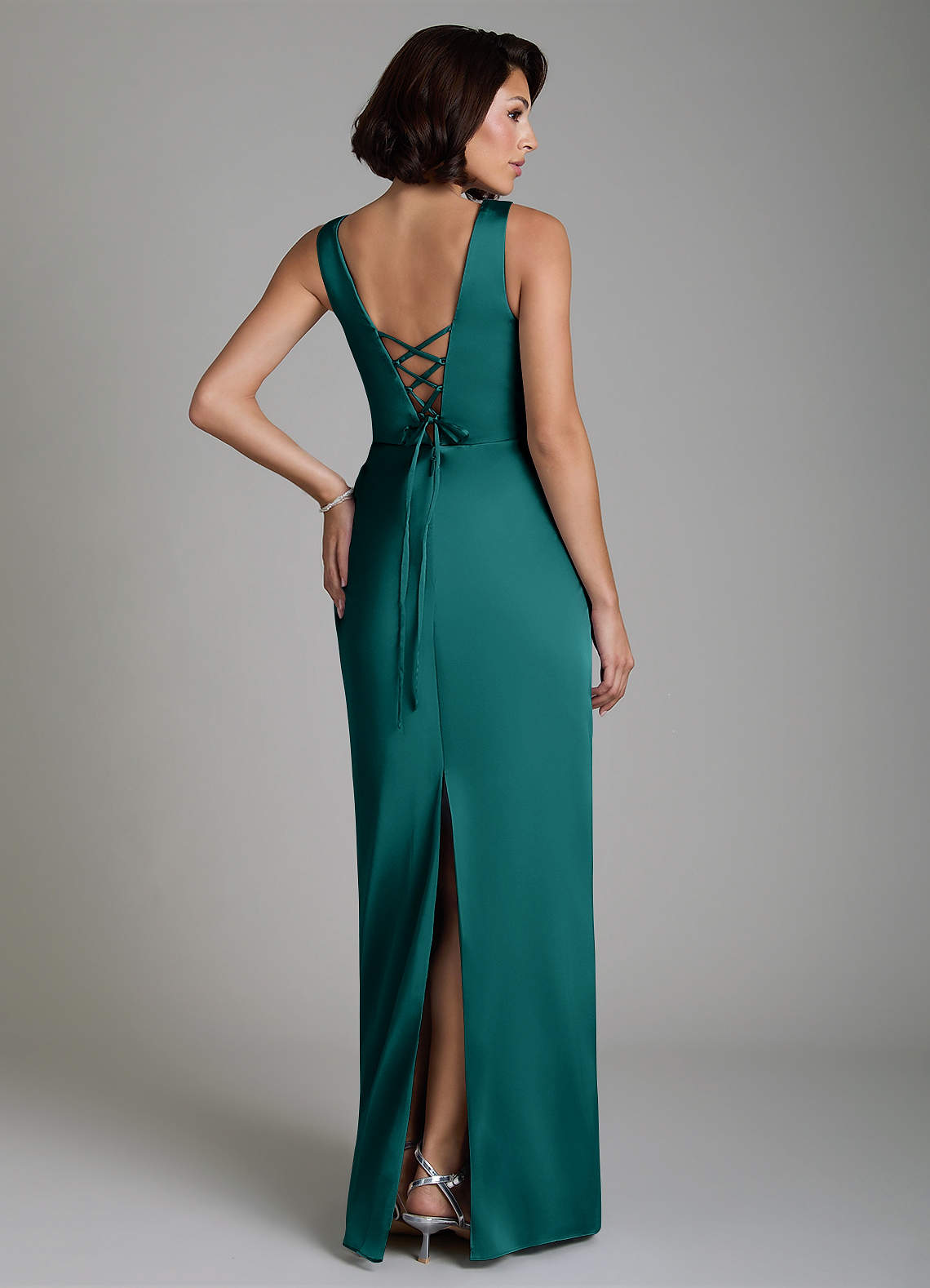 Vanya Sheath V-Neck Stretch Satin Bridesmaid Dress in Peacock