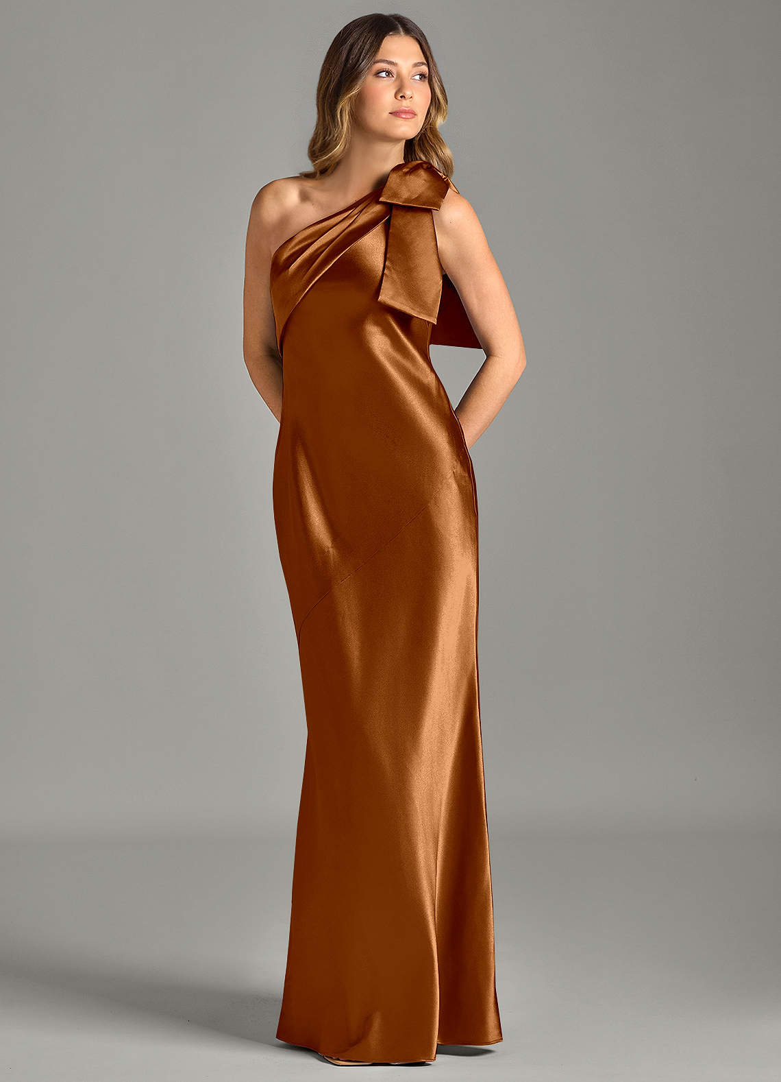 Yuanna Mermaid One-Shoulder Metallic Satin Bridesmaid Dress in Copper