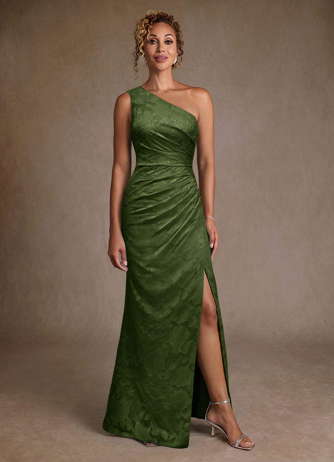 Joylin Trumpet One-Shoulder Floral Burnout Mother of the Bride Dress in Olive