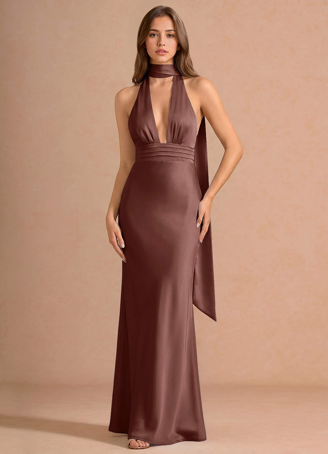 Linnea A-Line V-Neck Stretch Satin Evening Dress in Haze Pink