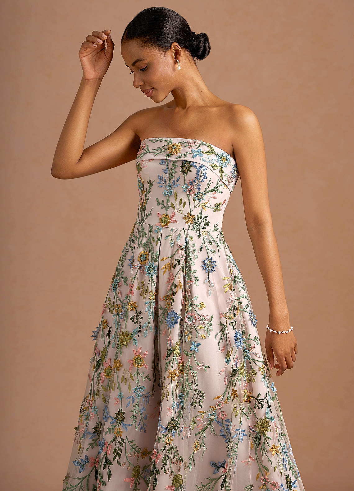 Evangeline Strapless Corset Floral Lace Evening Dress in Blush Pink Multi