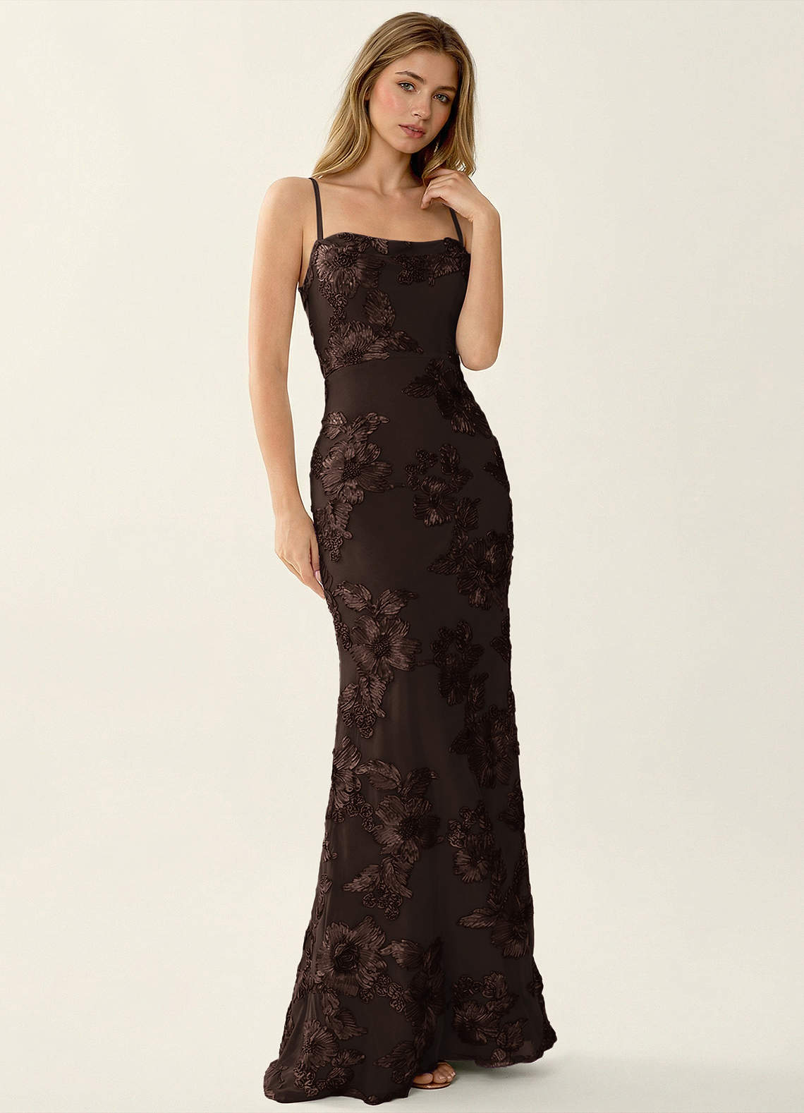 Kailani Mermaid Spaghetti-Strap Lace Evening Dress in Coco