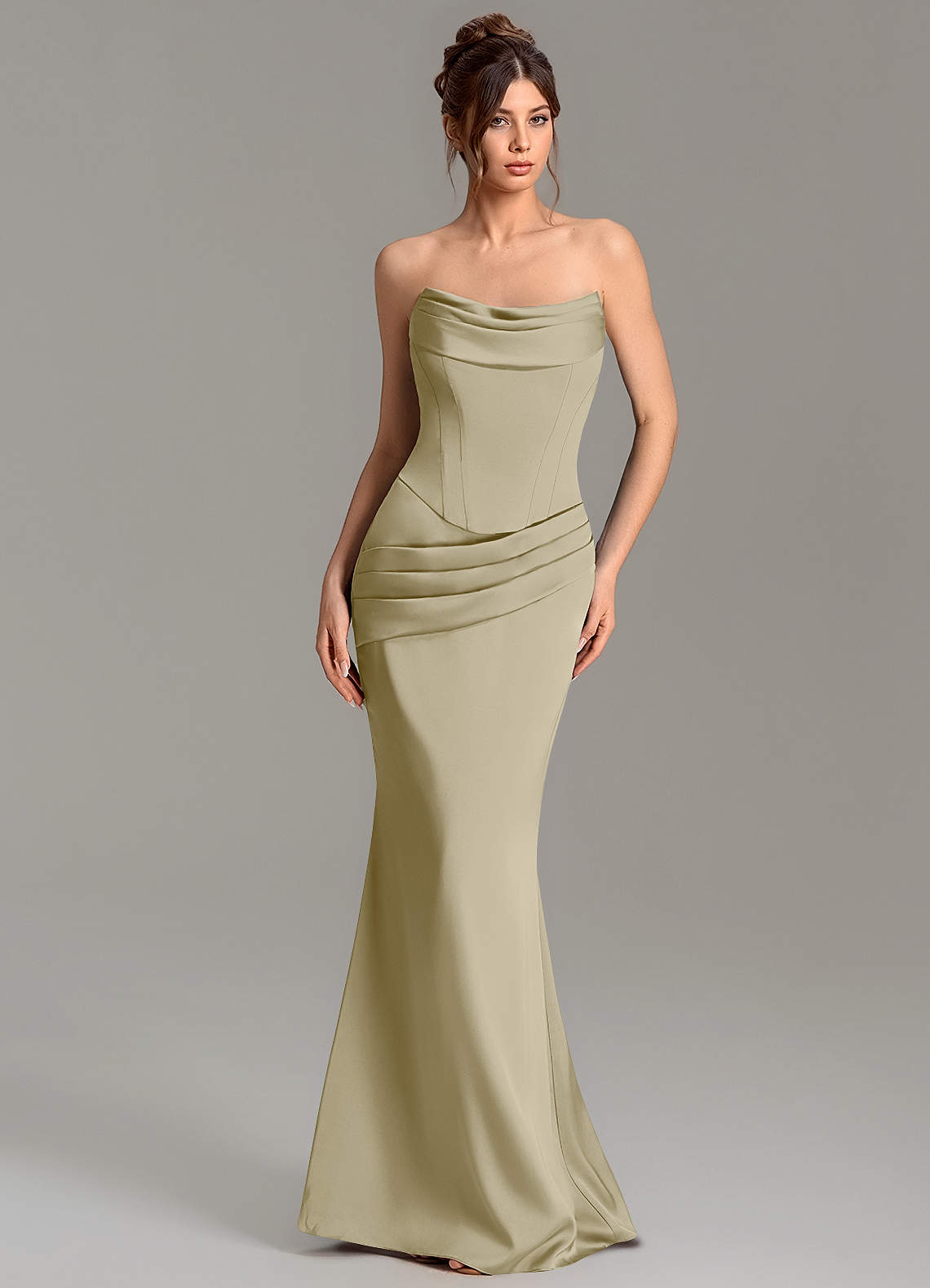 Adrienne Mermaid Cowl-Neck Stretch Satin Bridesmaid Dress in Moss Green