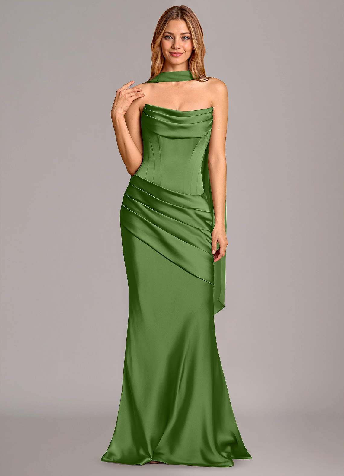 Pelagia Mermaid Cowl-Neck Stretch Satin Bridesmaid Dress in Basil