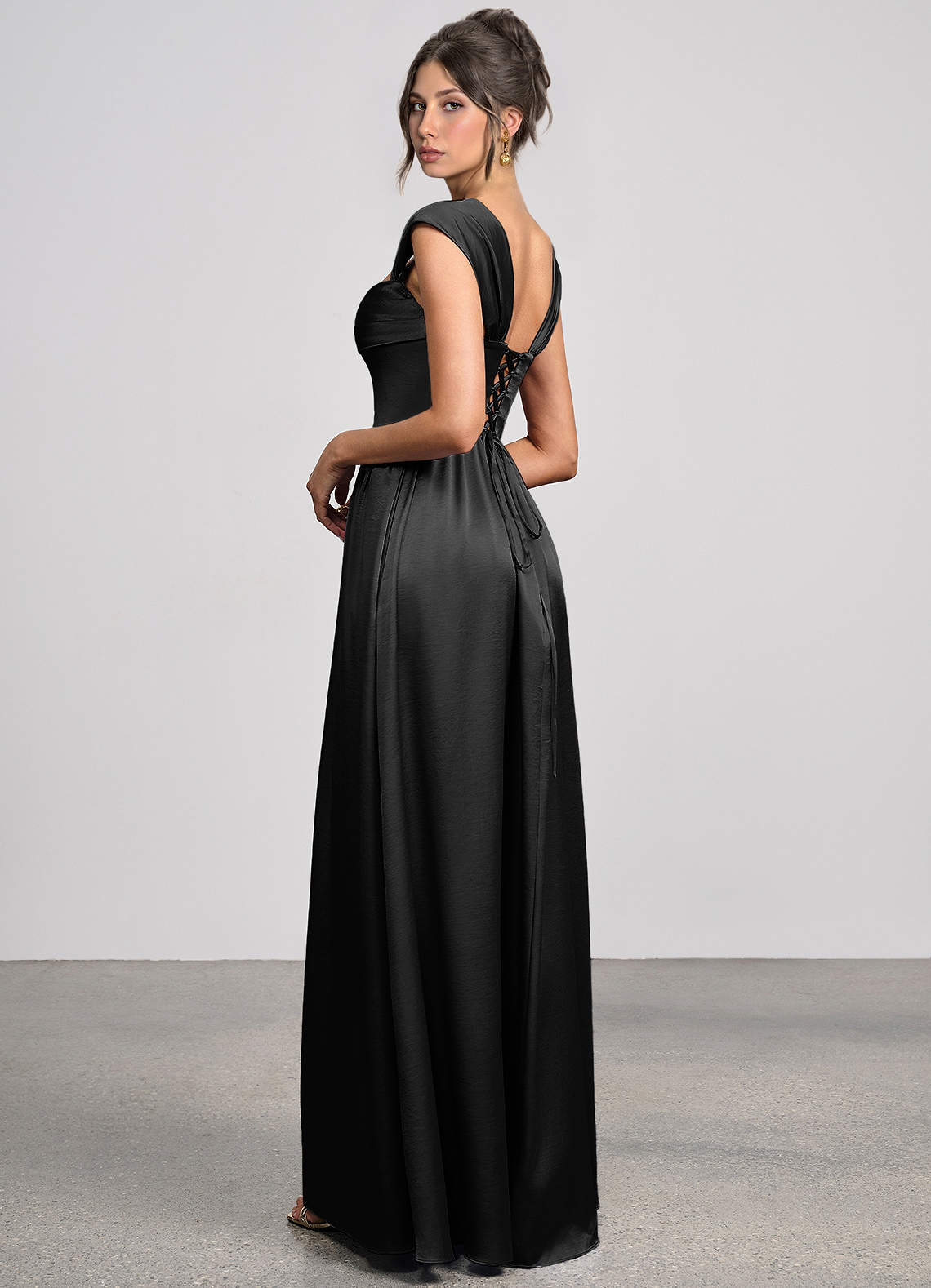 Odette A-Line Corset Luminous Satin Evening Dress in black