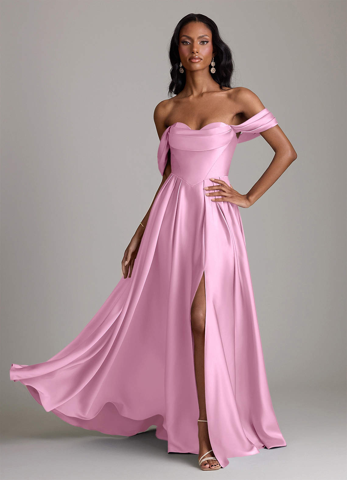 Loisa A-Line Off-the-Shoulder Stretch Satin Bridesmaid Dress in candy pink