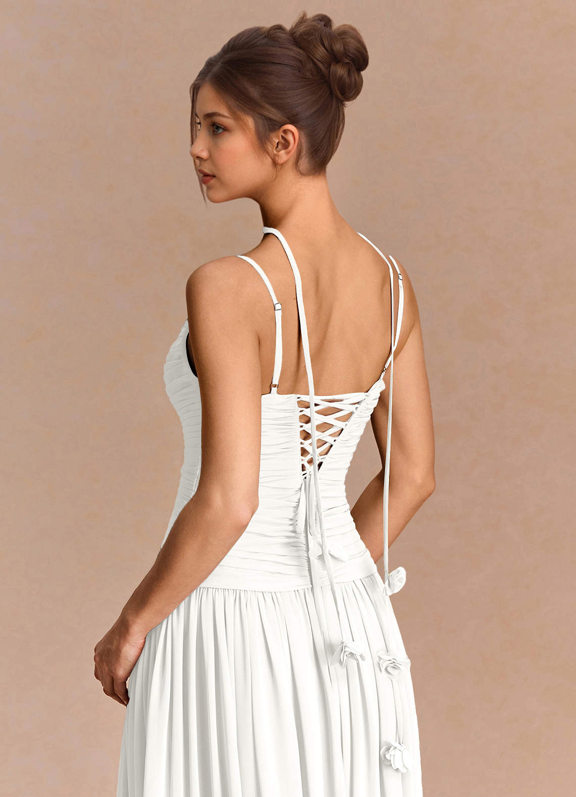 Eulalie A-Line Floral-Appliqué Chiffon Evening Dress in White