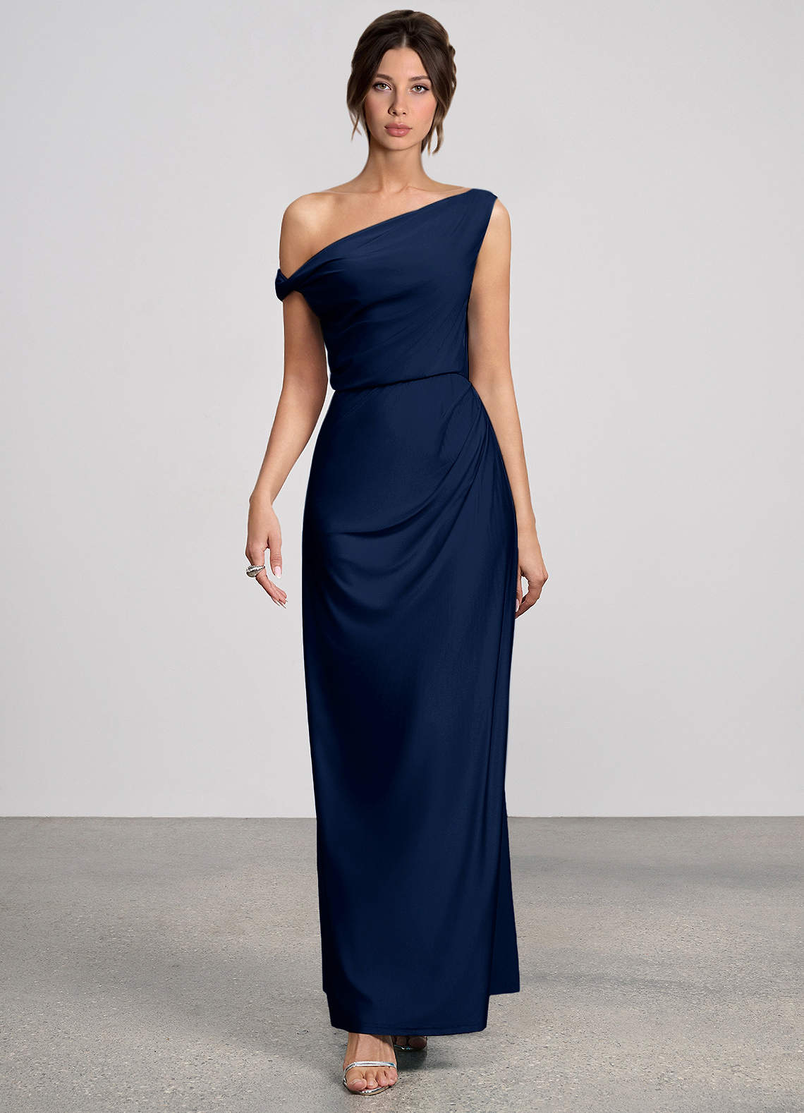 Elowen Mermaid One-Shoulder Glossy Knit Evening Dress in Champagne