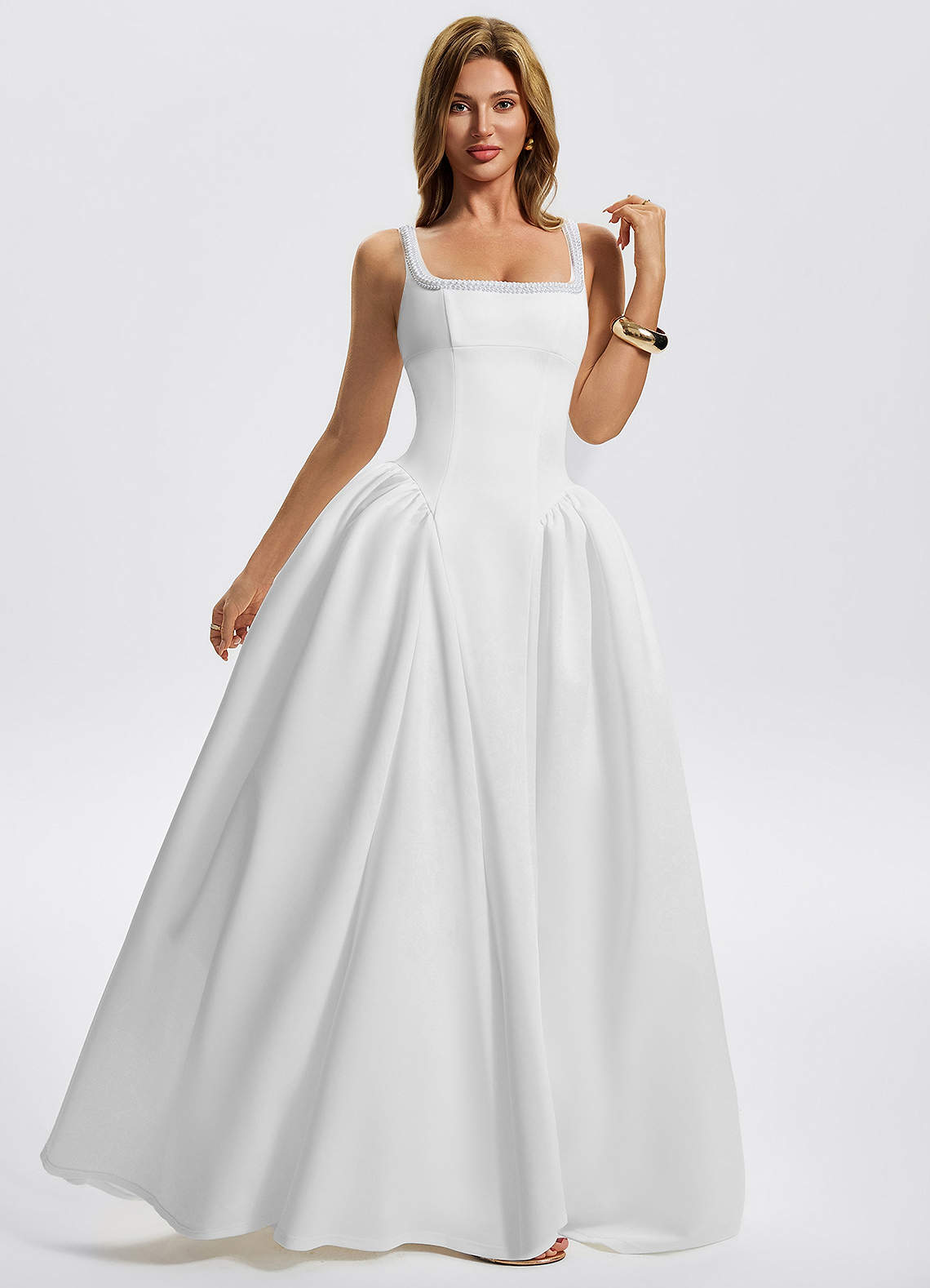 Kaelin A-Line Square-Neck Stretch Knit Evening Dress in White