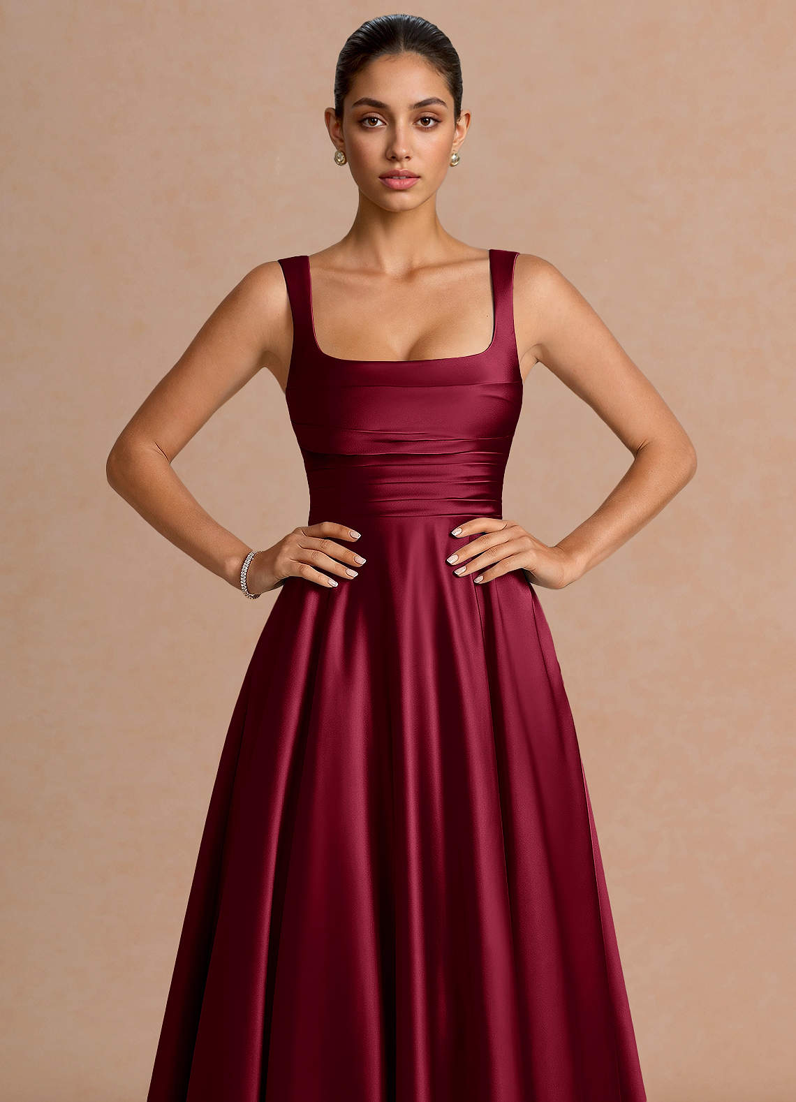 Azaria A-Line Square-Neck Stretch Satin Wedding Guest Dress in Merlot