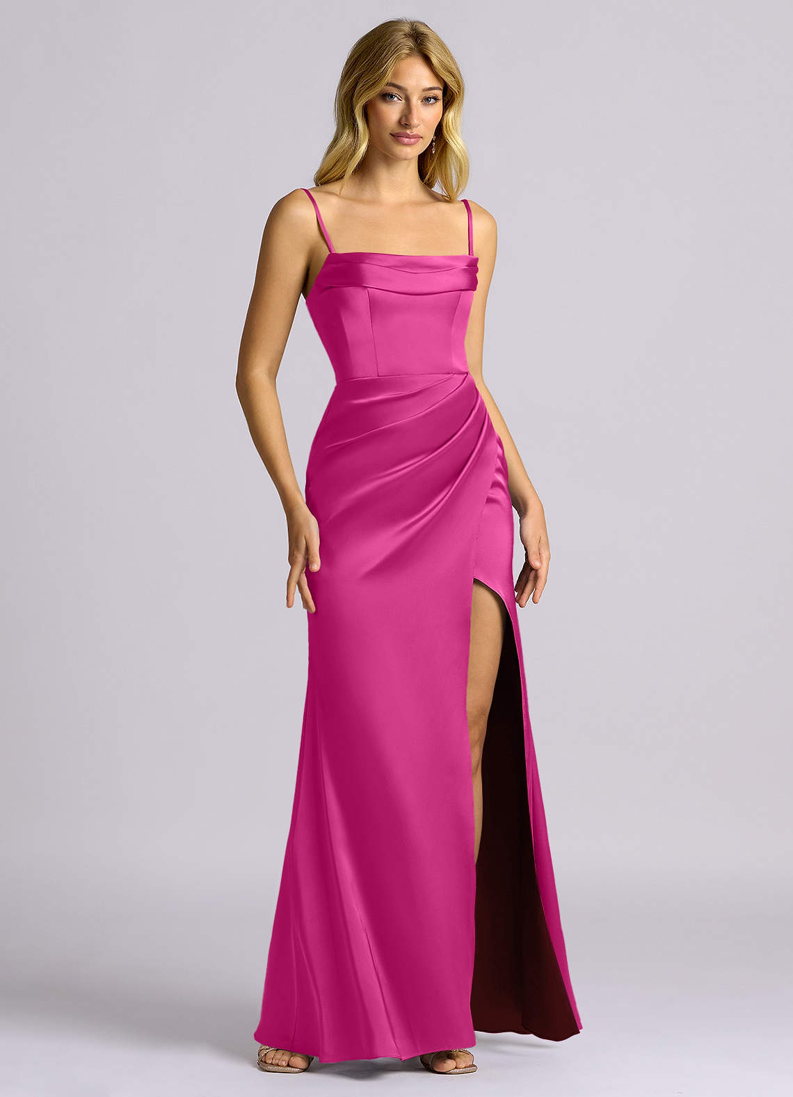 Auden Sheath Off-the-Shoulder Stretch Satin Bridesmaid Dress in Fuchsia
