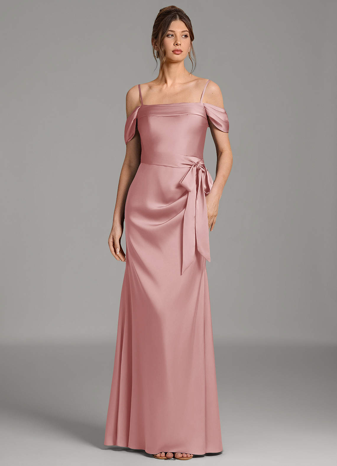 Wyatt Mermaid Off-the-Shoulder Stretch Satin Bridesmaid Dress in dusty rose