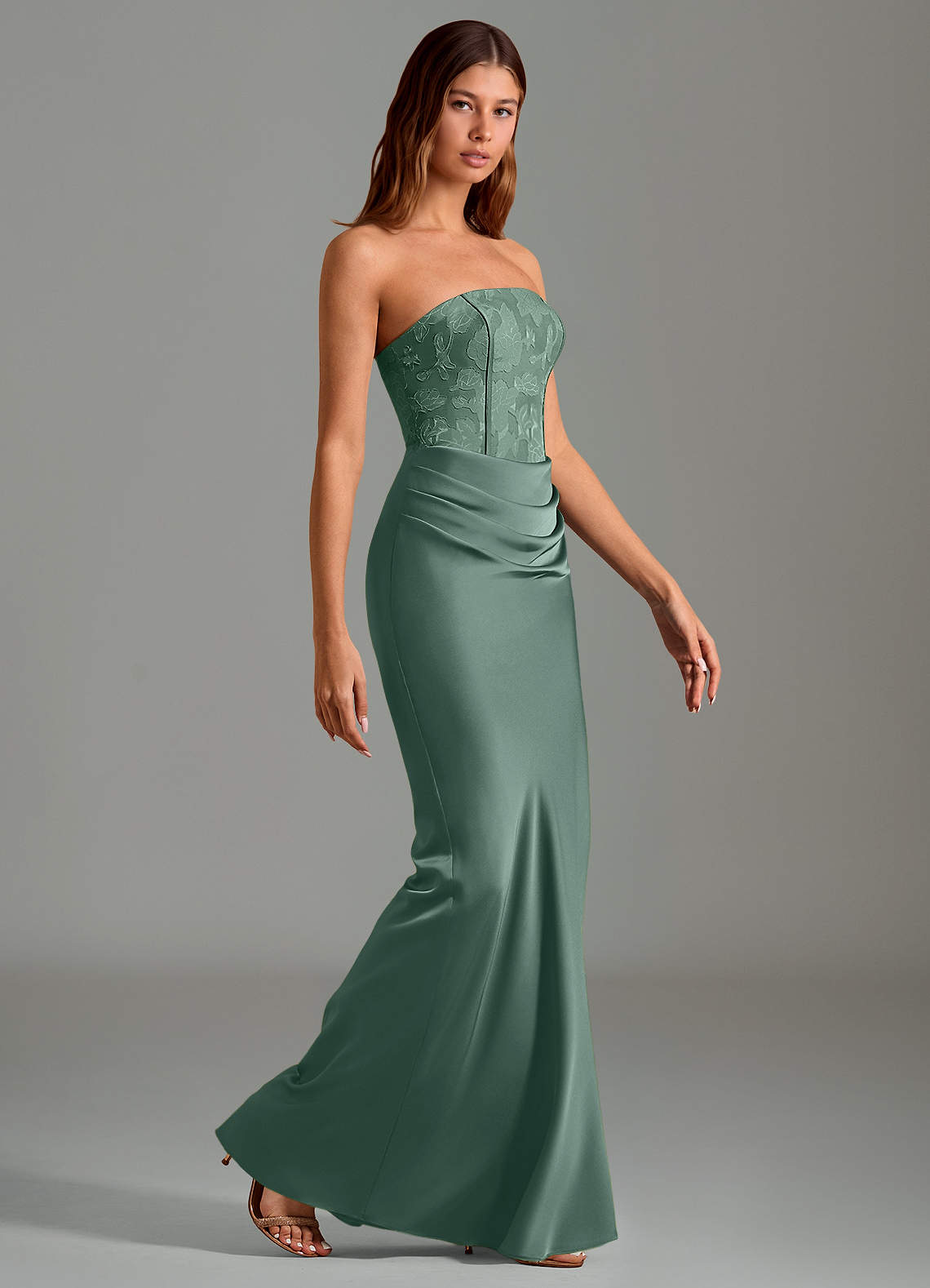 Emilia Mermaid Strapless Stretch Satin and Floral Burnout Bridesmaid Dress in Eucalyptus