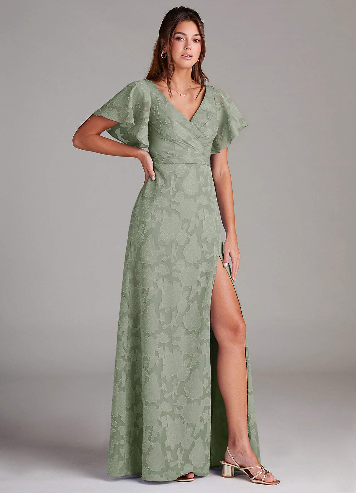 Ambrosia A-Line V-Neck Floral Burnout Bridesmaid Dress in Agave