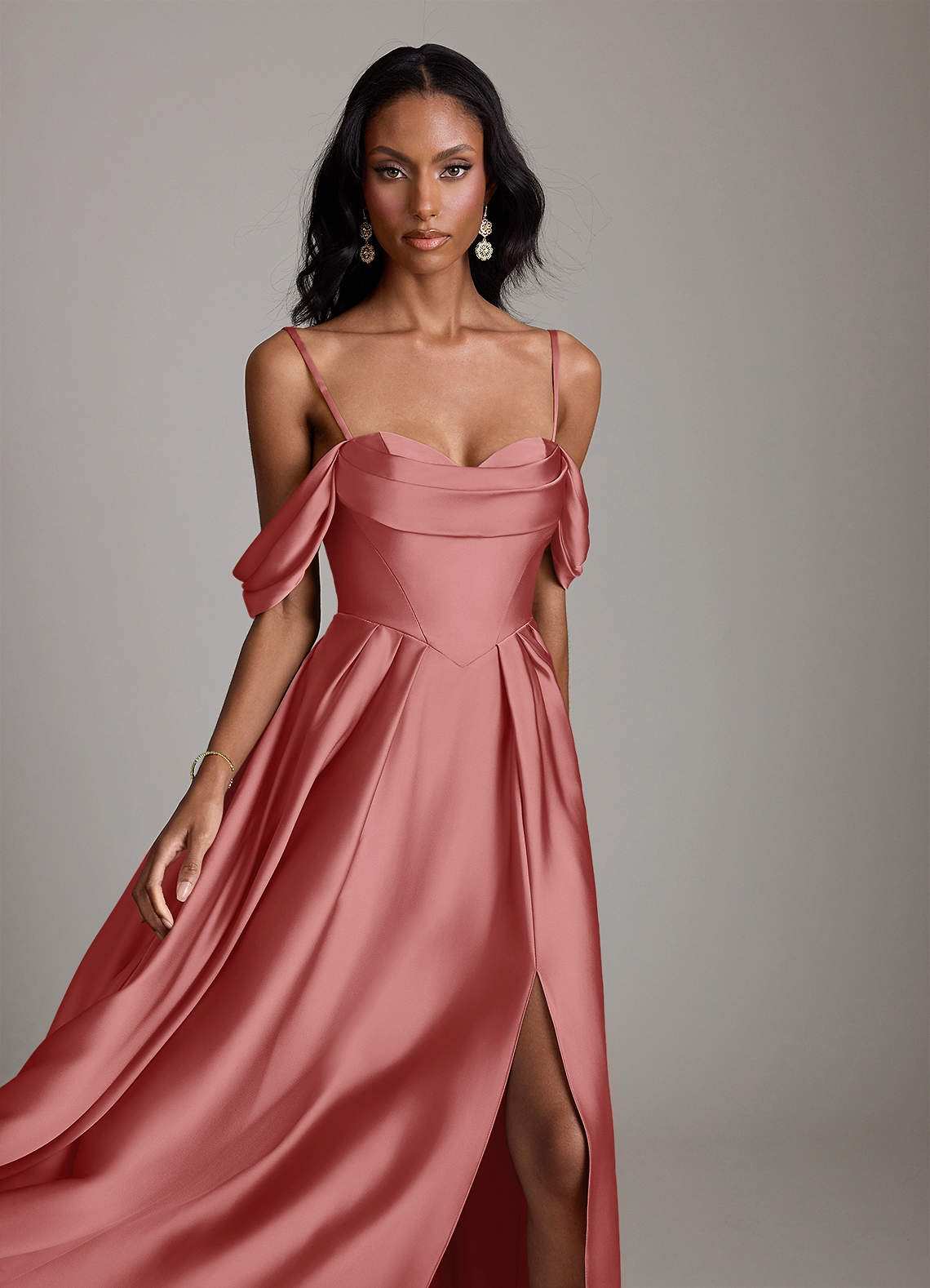 Loisa A-Line Off-the-Shoulder Stretch Satin Bridesmaid Dress in Antique Rose