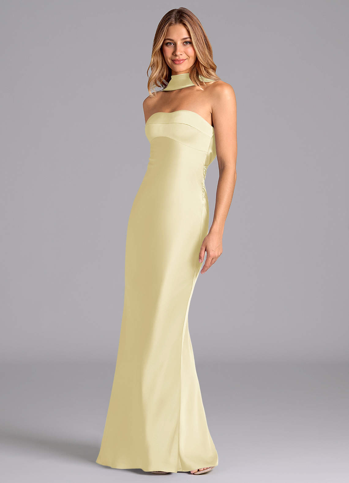 Lusinda Mermaid Strapless Stretch Satin Bridesmaid Dress in Lemon Sorbet