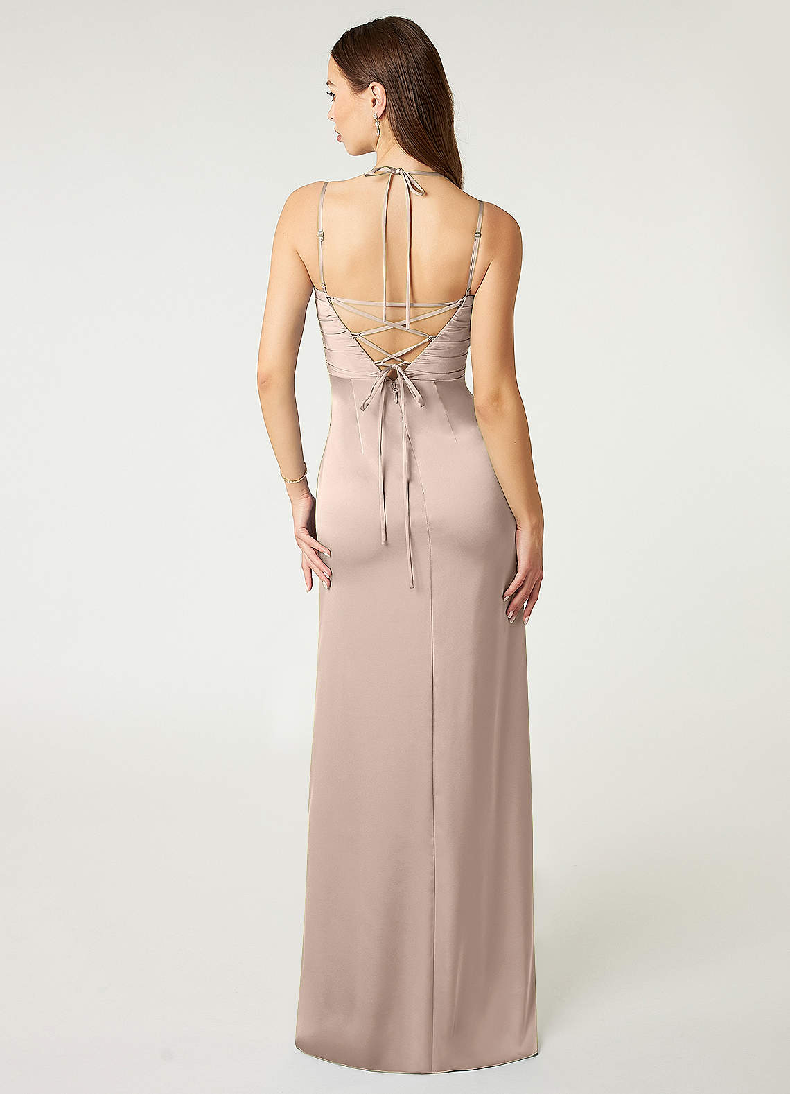 Desi Sheath Halter Stretch Satin Bridesmaid Dress in English Rose