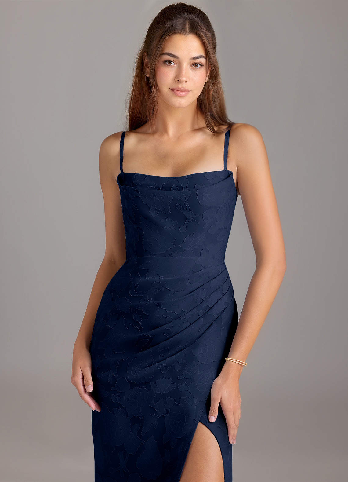 Leonis Sheath Strapless Floral Burnout Bridesmaid Dress in Dark Navy