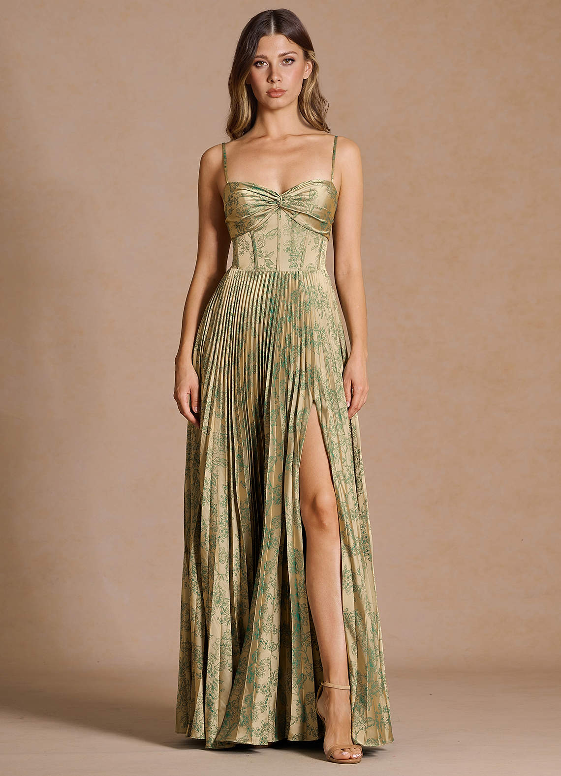 Vesper Pleated Knot-Neck Jacquard Wedding Guest Dress in Green Brown