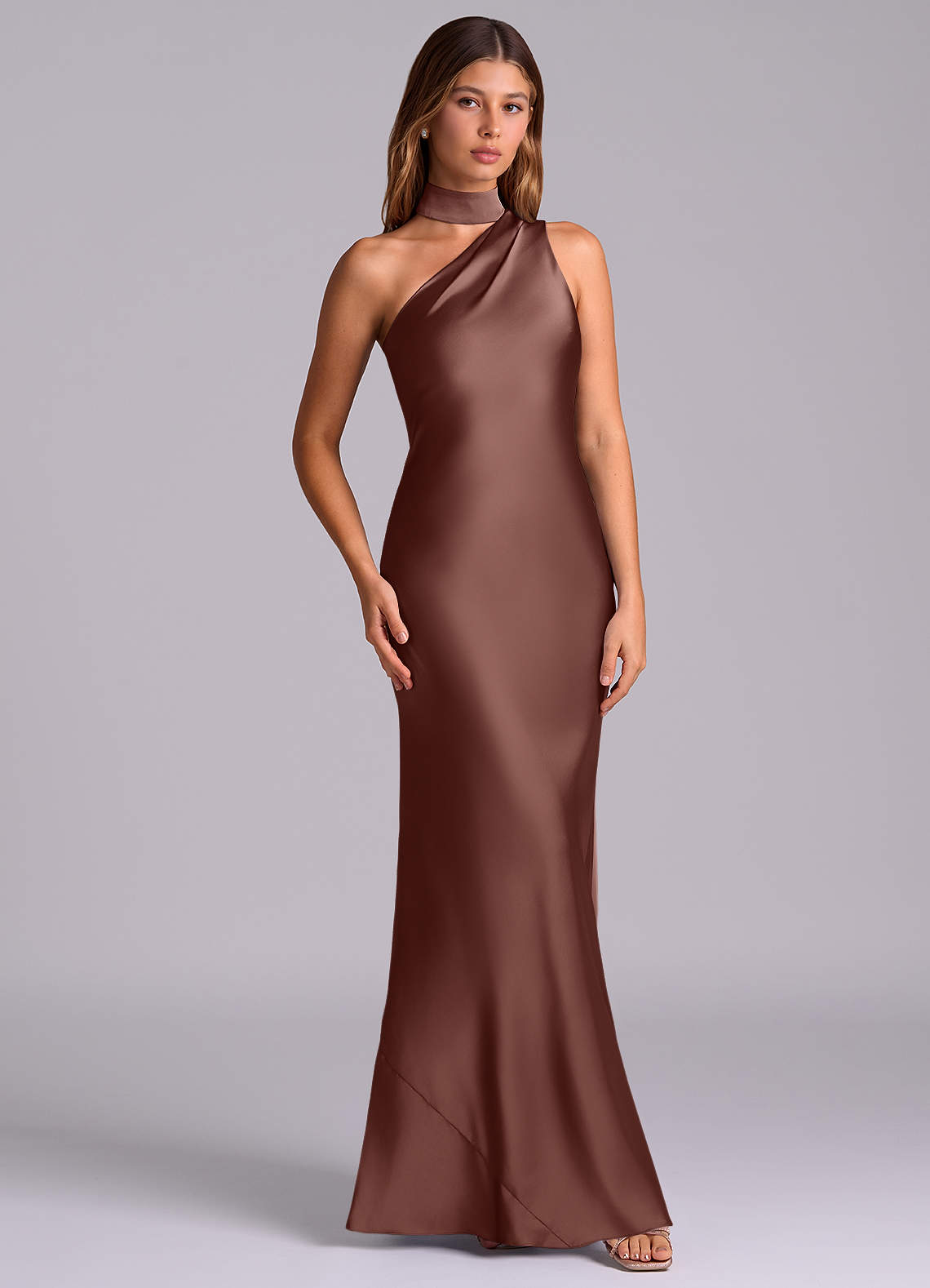 Seona Mermaid One-Shoulder Stretch Satin and Tulle Bridesmaid Dress in Espresso