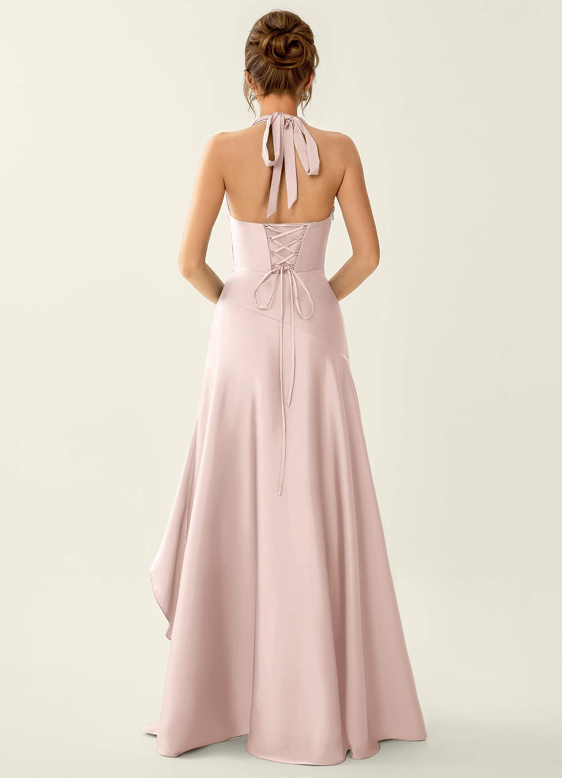 Titania Halter Asymmetric-Ruffle Satin Evening Dress in Powder Pink
