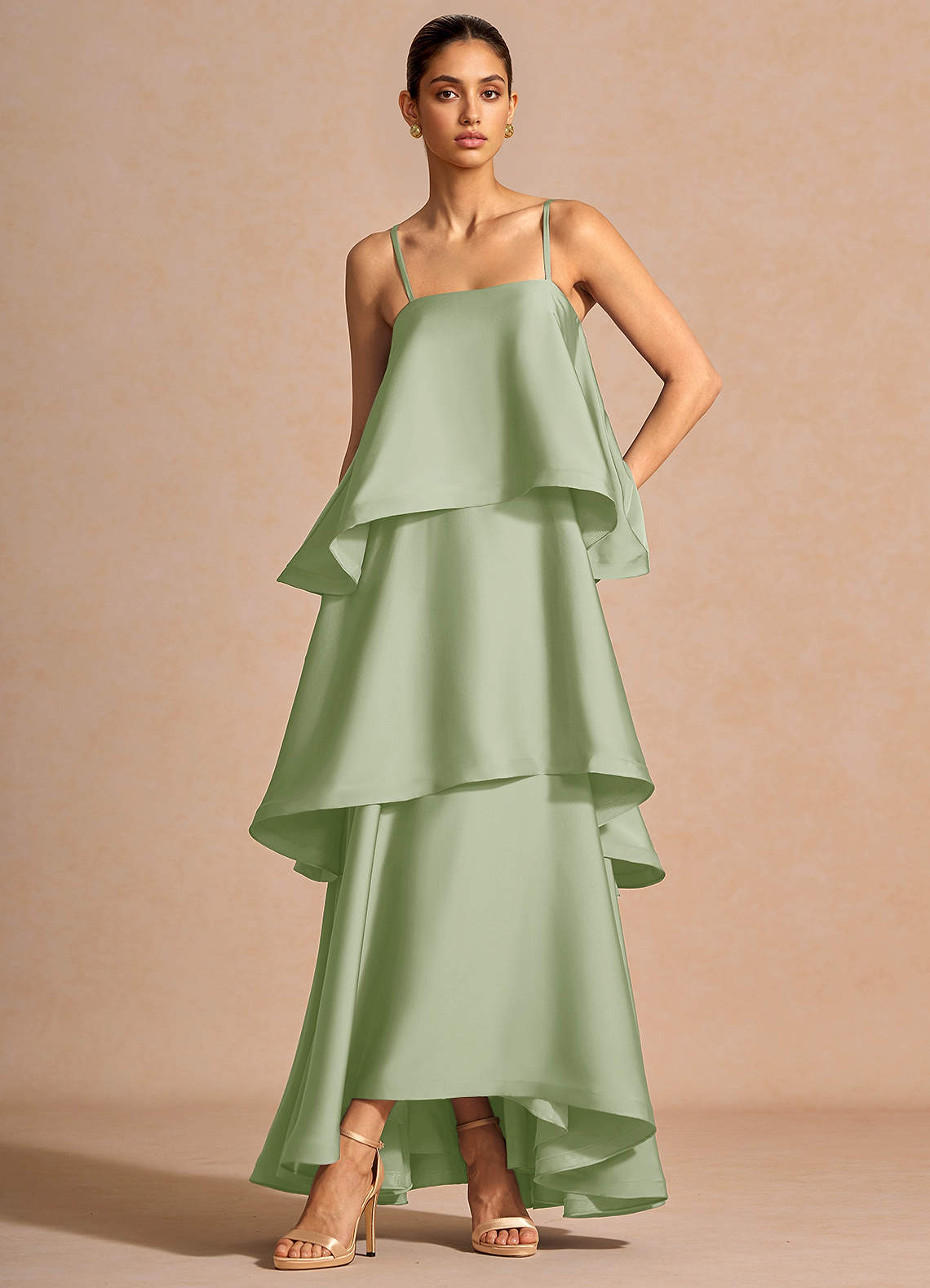 Itasca A-Line Tiered Stretch Satin Wedding Guest Dress in Light Green