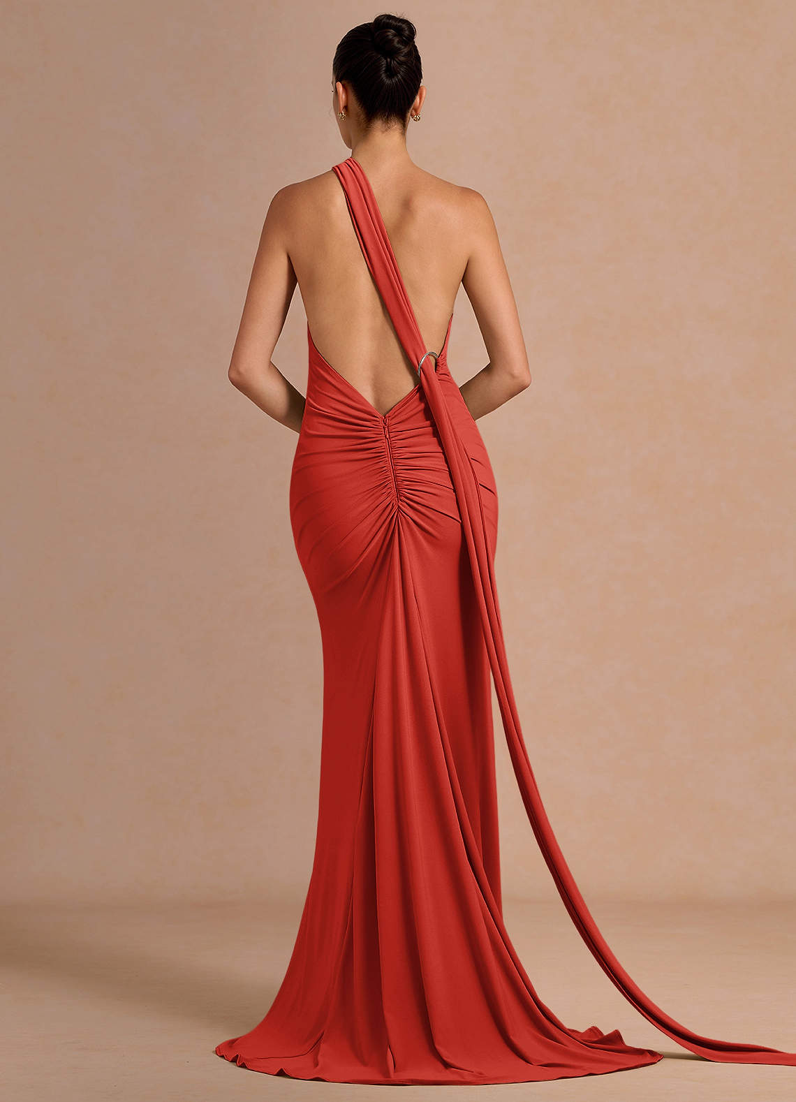 Miliani Sheath Neck-Tie Stretch Knit Evening Dress in Orange