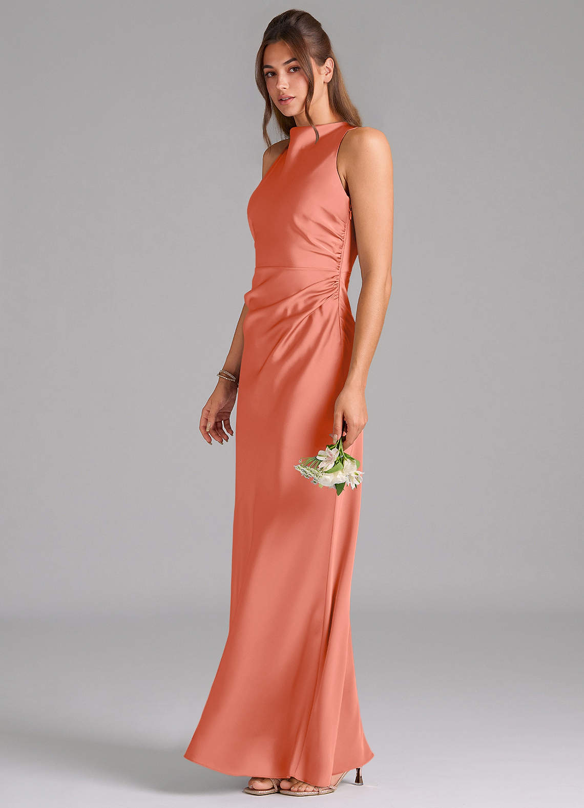 Evadne Sheath Scoop-Neck Stretch Satin Bridesmaid Dress in Salmon Pink