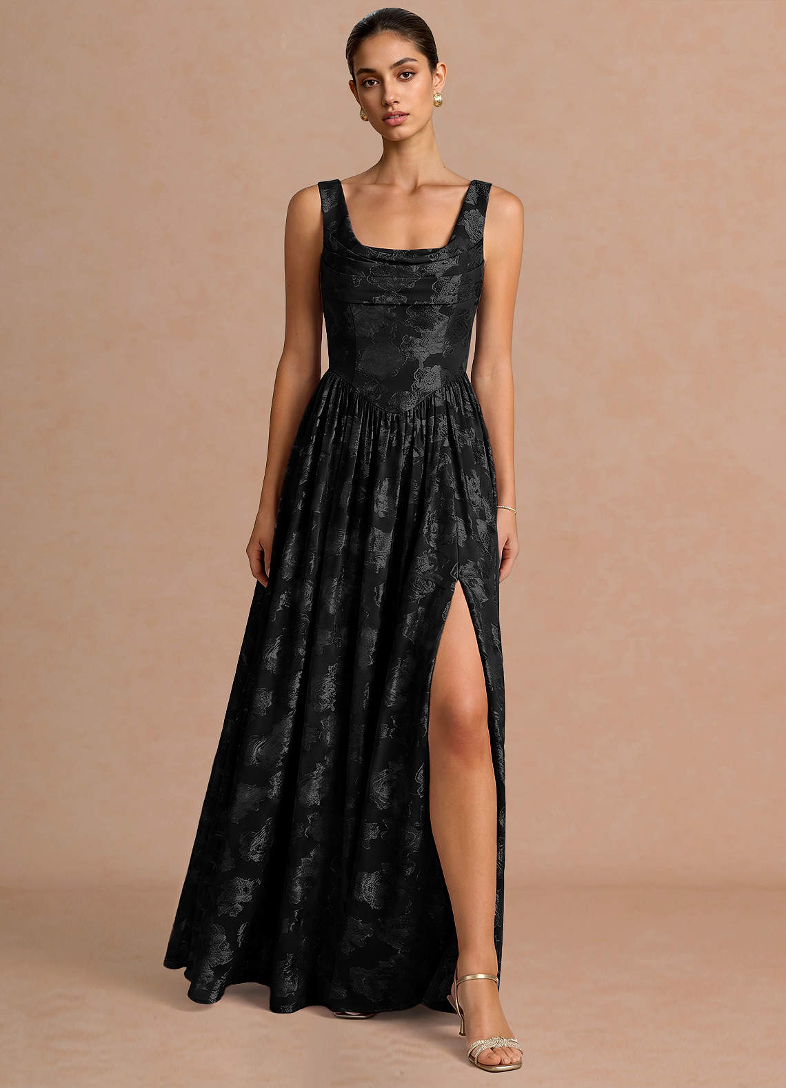 Novi A-Line Draped-Neck Floral Fil Coupé Evening Dress in Lemon Sorbet
