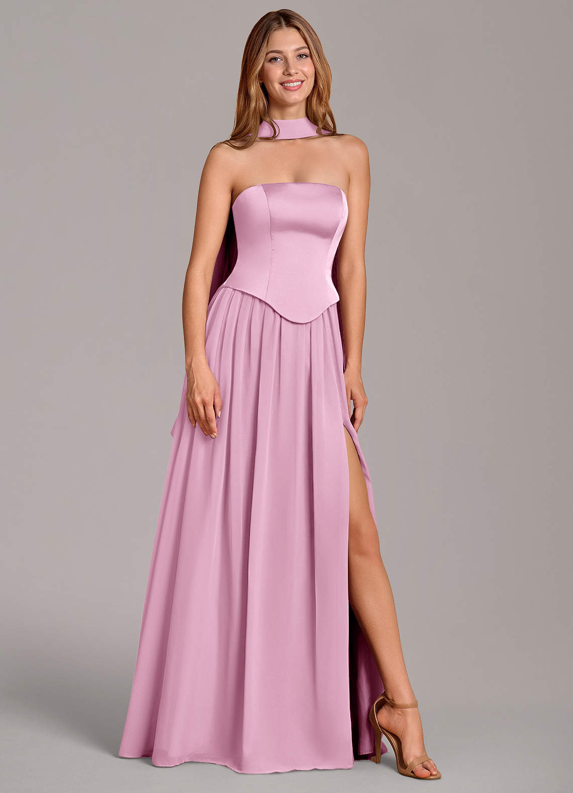 Cadence A-Line Strapless Chiffon and Stretch Satin Bridesmaid Dress in candy pink