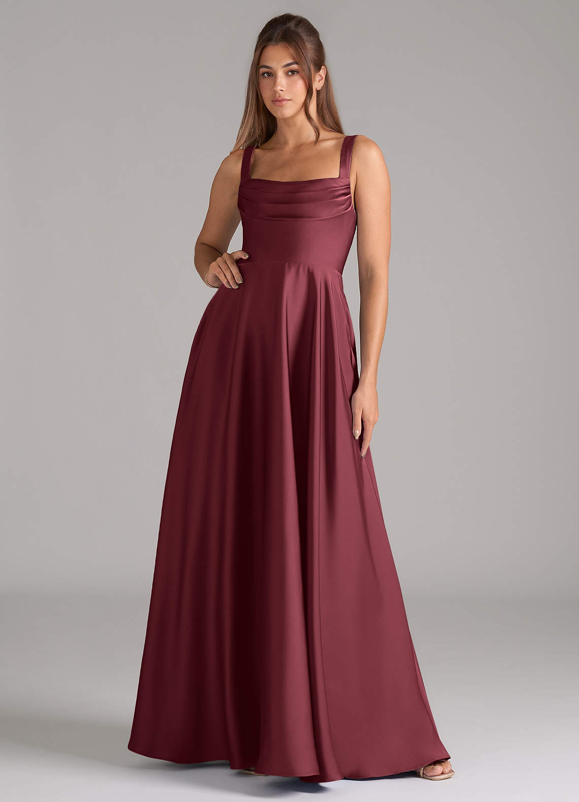 Shaude A-Line Square-Neck Stretch Satin Bridesmaid Dress in Merlot