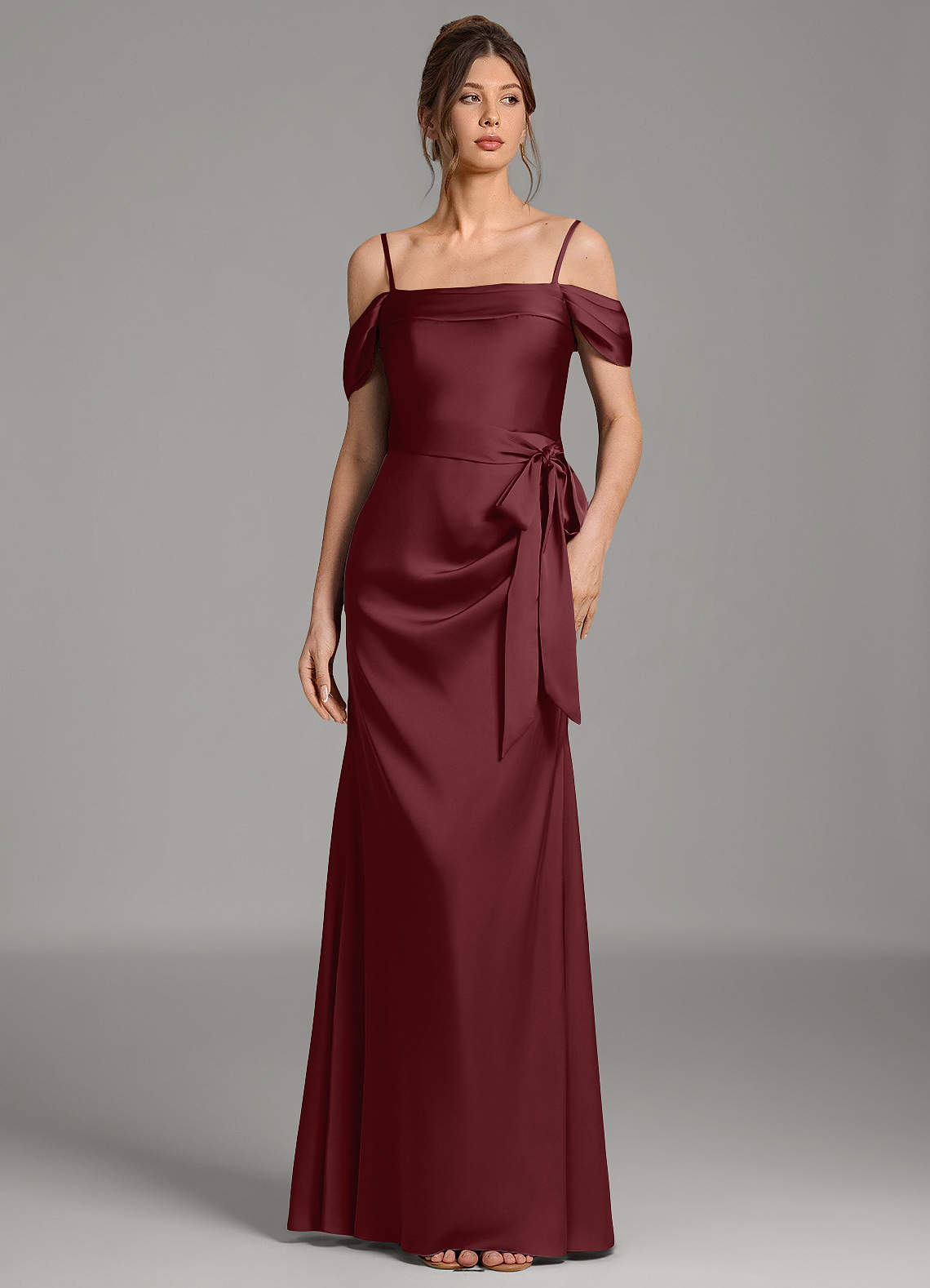 Wyatt Mermaid Off-the-Shoulder Stretch Satin Bridesmaid Dress in Cabernet