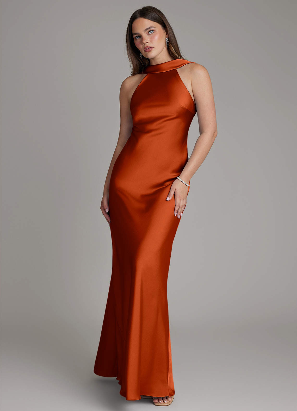 Dimitra Sheath Halter Stretch Satin Bridesmaid Dress in Paprika