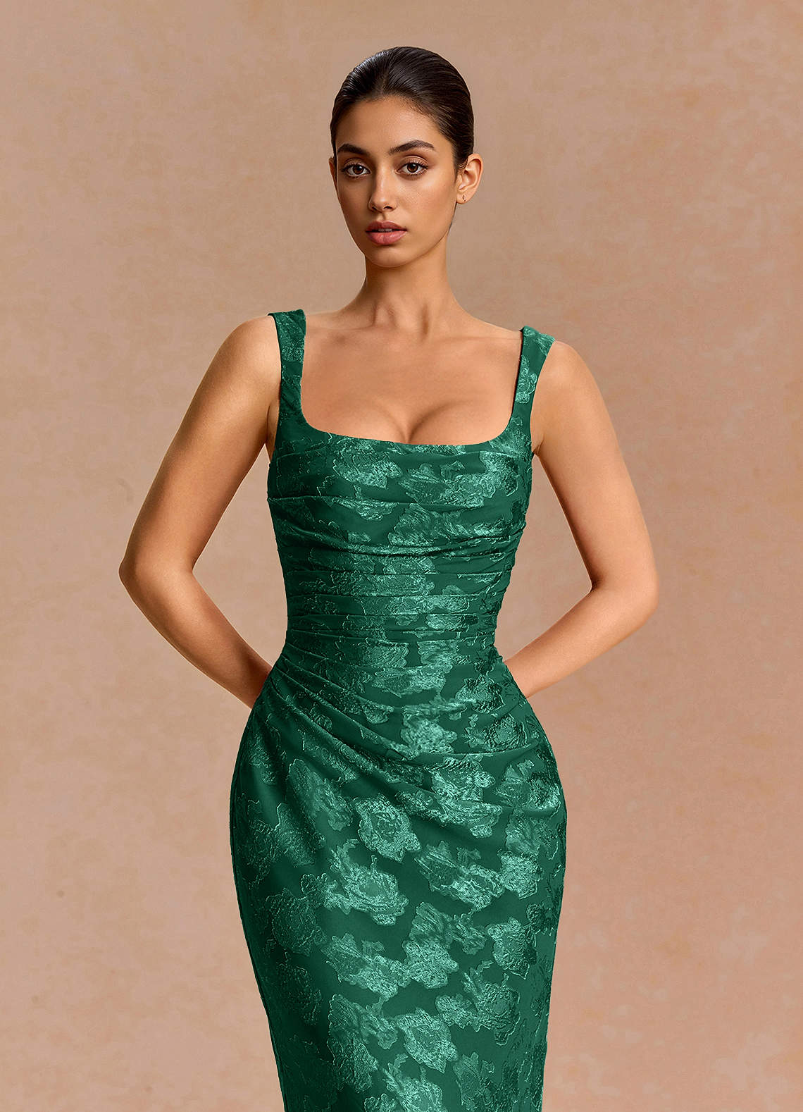 Agustina Square-Neck Pleated Fil Coupé Evening Dress in Hunter Green