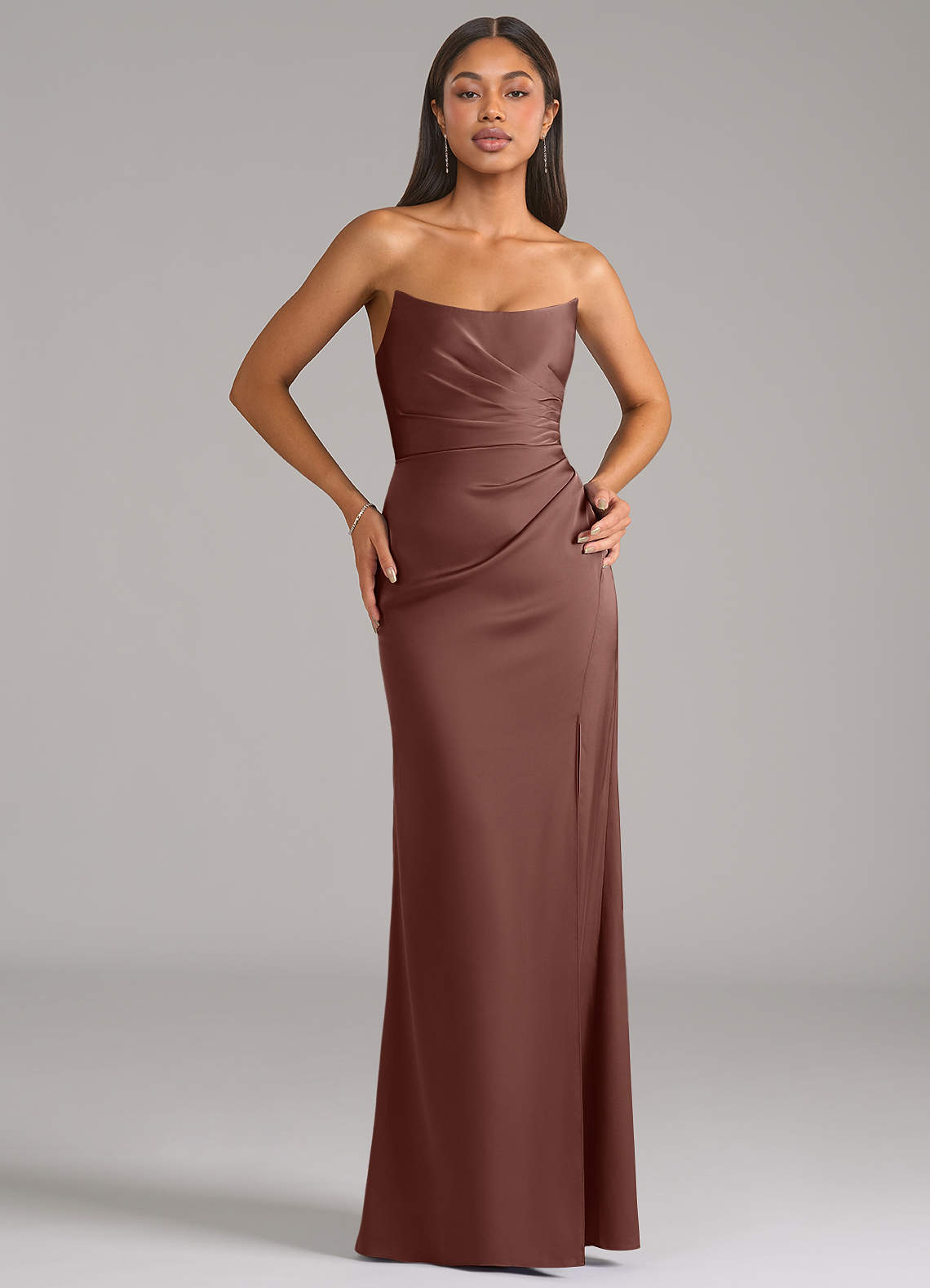 Marla Sheath Strapless Stretch Satin Bridesmaid Dress in Espresso