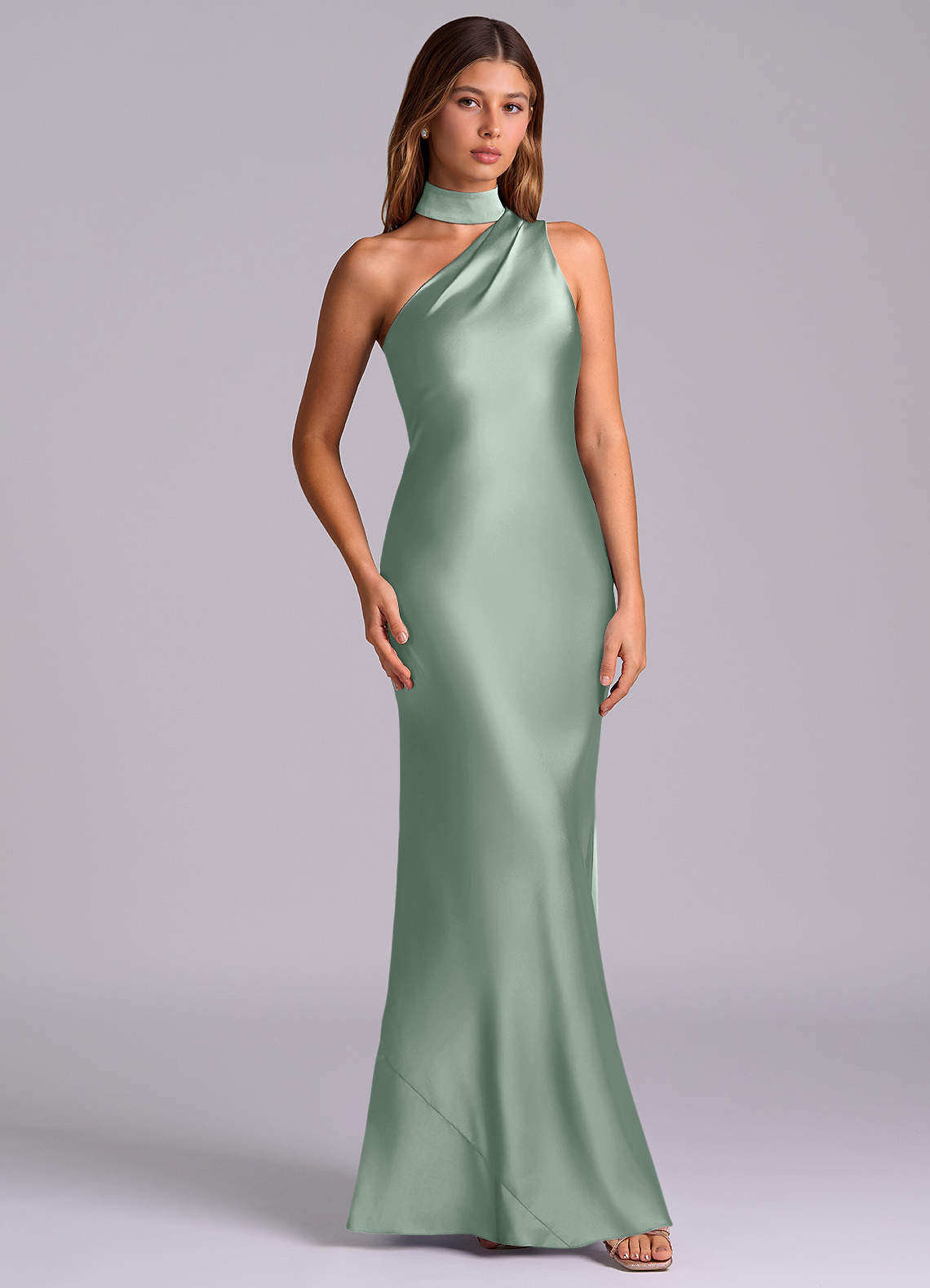 Seona Mermaid One-Shoulder Stretch Satin and Tulle Bridesmaid Dress in Agave