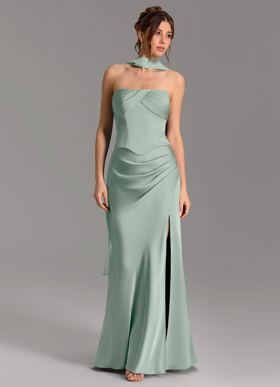 Nicki Sheath Scoop-Neck Stretch Satin Bridesmaid Dress in Agave