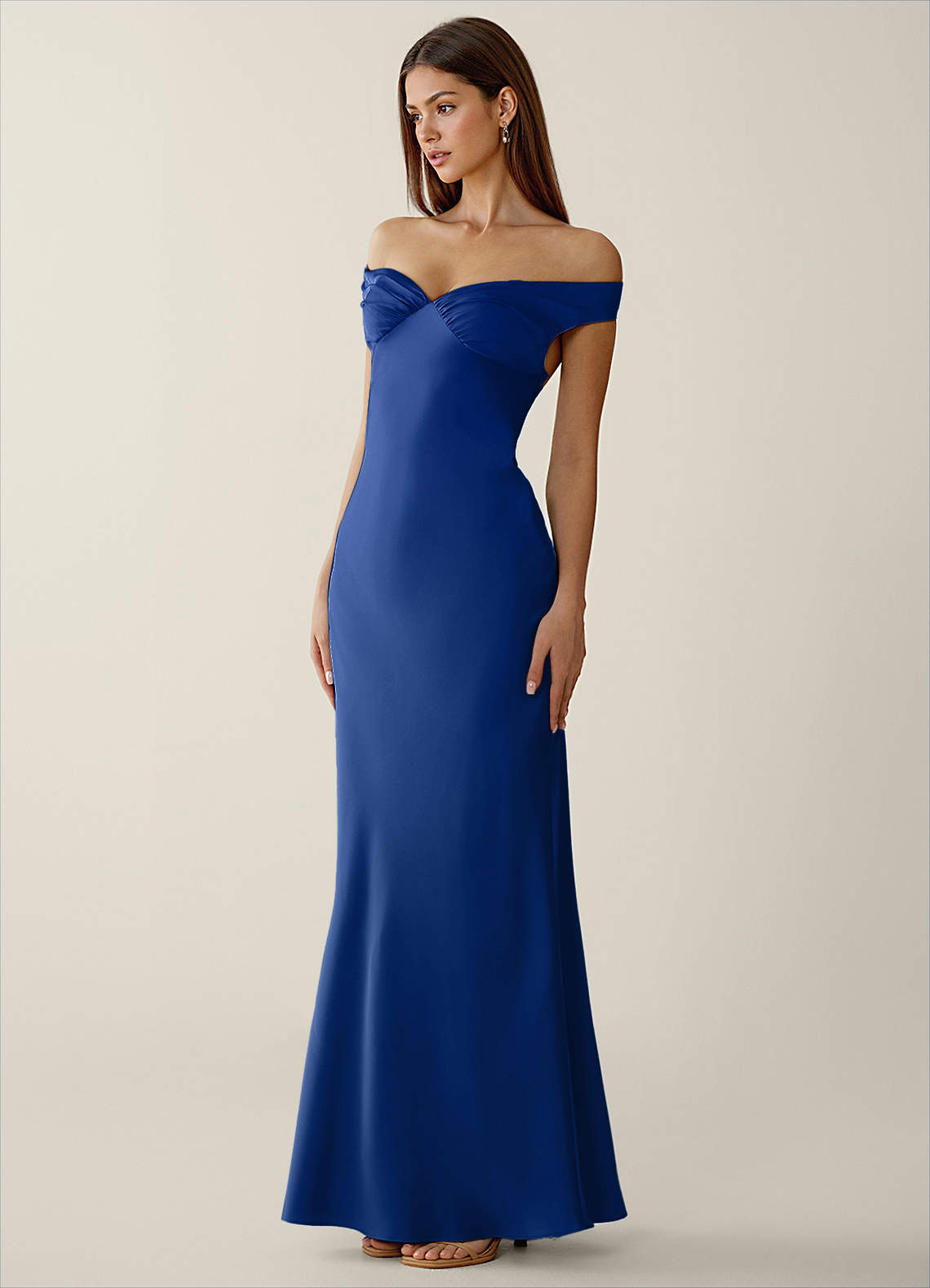 Gwendonme Sheath Off-the-Shoulder Satin Crystal Linen Evening Dress in Royal Blue